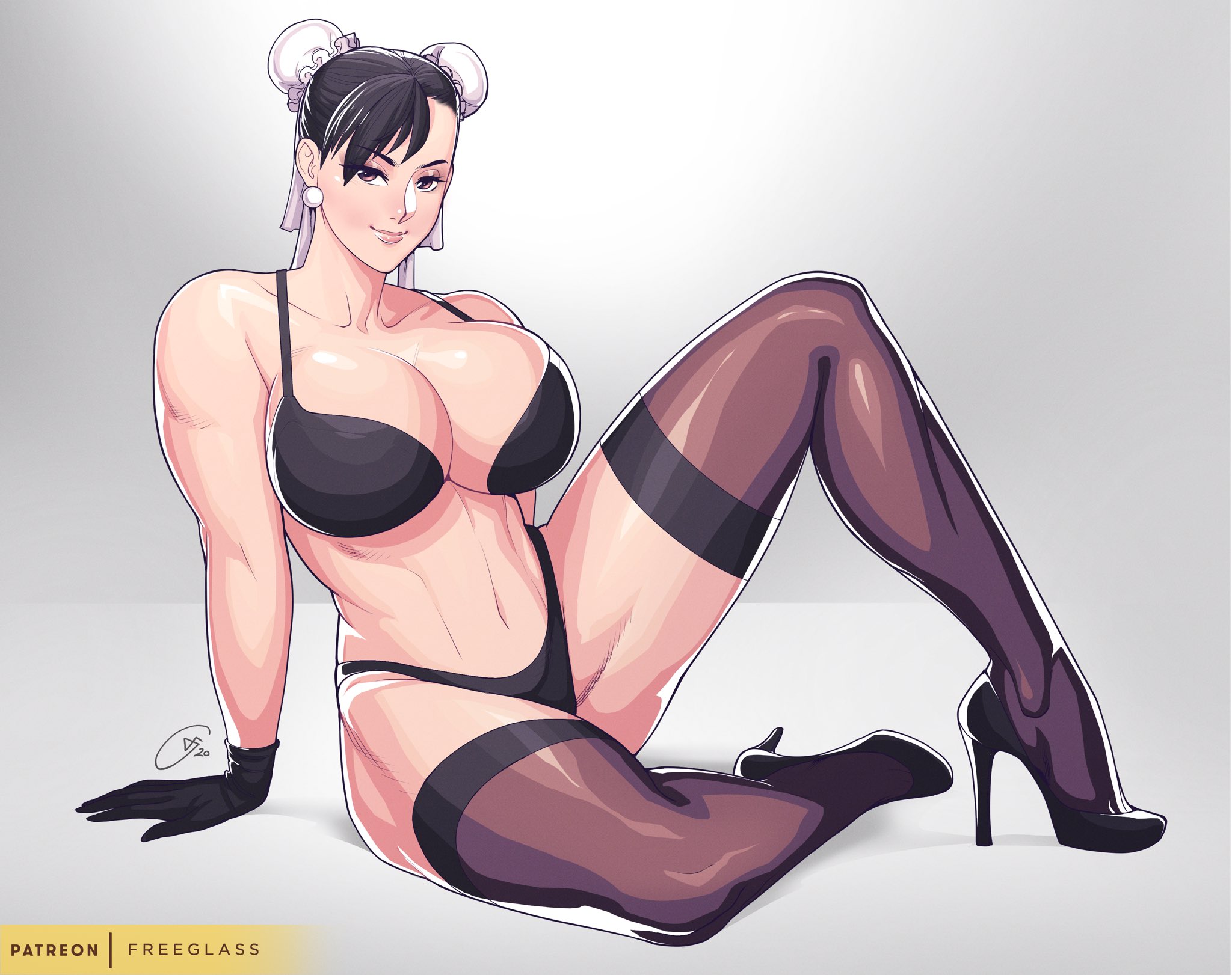 1girls, artist signature, big breasts, bra, breasts, capcom, chun-li, cleavage, double bun, earrings, english, english text, female, freeglass, full cleavage, gloves, high heels, high resolution, huge breasts, jewelry, large breasts, lingerie, looking at viewer, mature female, milf, panties, shoes, signature, sitting, smile, stockings, street fighter, text, thick thighs, thighs, underwear, very high heels