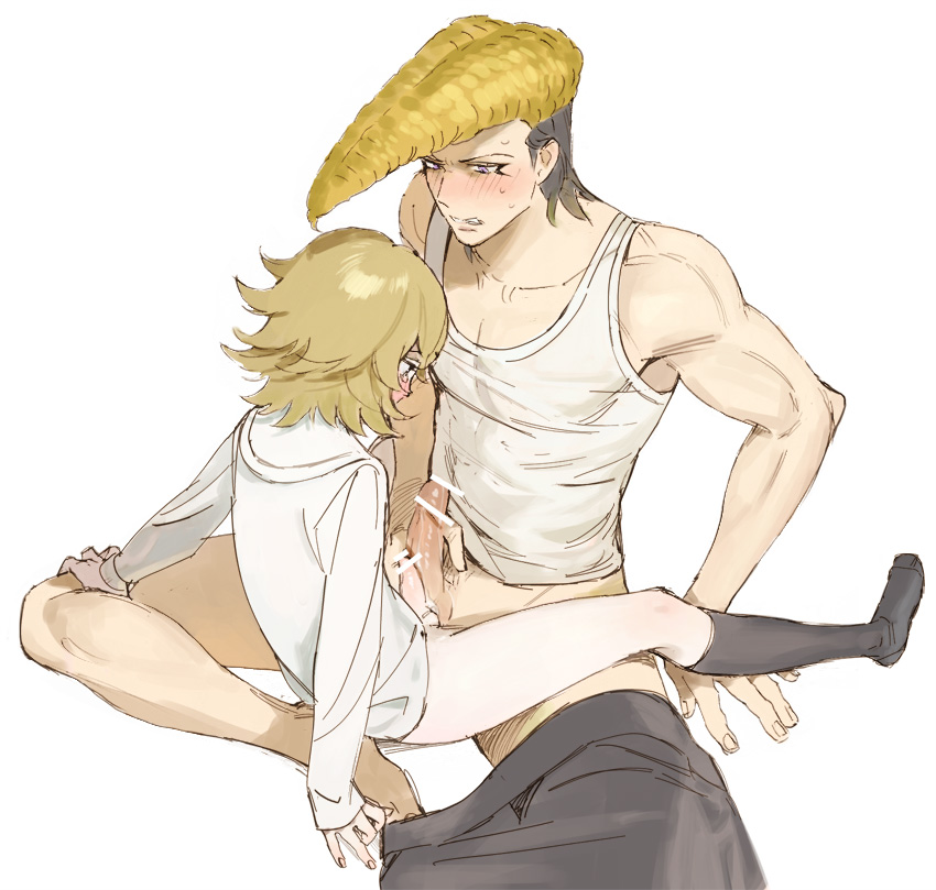 2boys, balls, balls touching, big penis, blush, bottomless, brown hair, danganronpa, femboy, frottage, fujisaki chihiro, gay, heavy blush, kneehighs, male, mondo oowada, penis, penis size difference, penises touching, pompadour, smooth skin, socks, yaoi