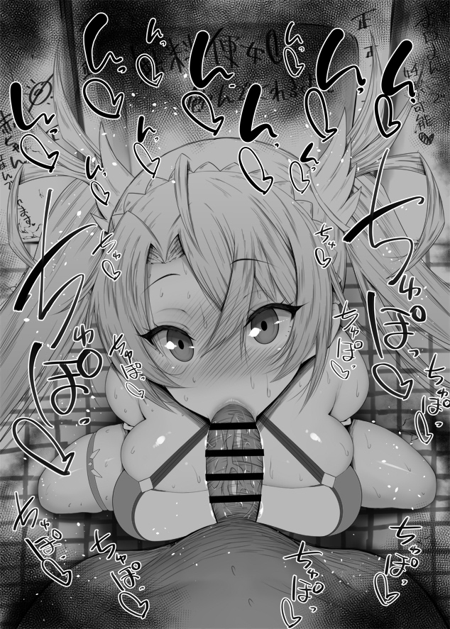 1boy, 1girls, big penis, black and white, blush, bradamante (fate), breasts, censored, dark skin, dark-skinned male, detailed background, drooling, eyelashes, fate (series), fate/grand order, fellatio, female, heart, human, indoor, indoors, interracial, kurotama, large breasts, long hair, looking at viewer, male, male pov, oral, oral sex, penis, room, saliva, shiny, shiny skin, sketch, sound effects, squatting, sweat, text, tied hair, vein, veins, veiny, veiny penis