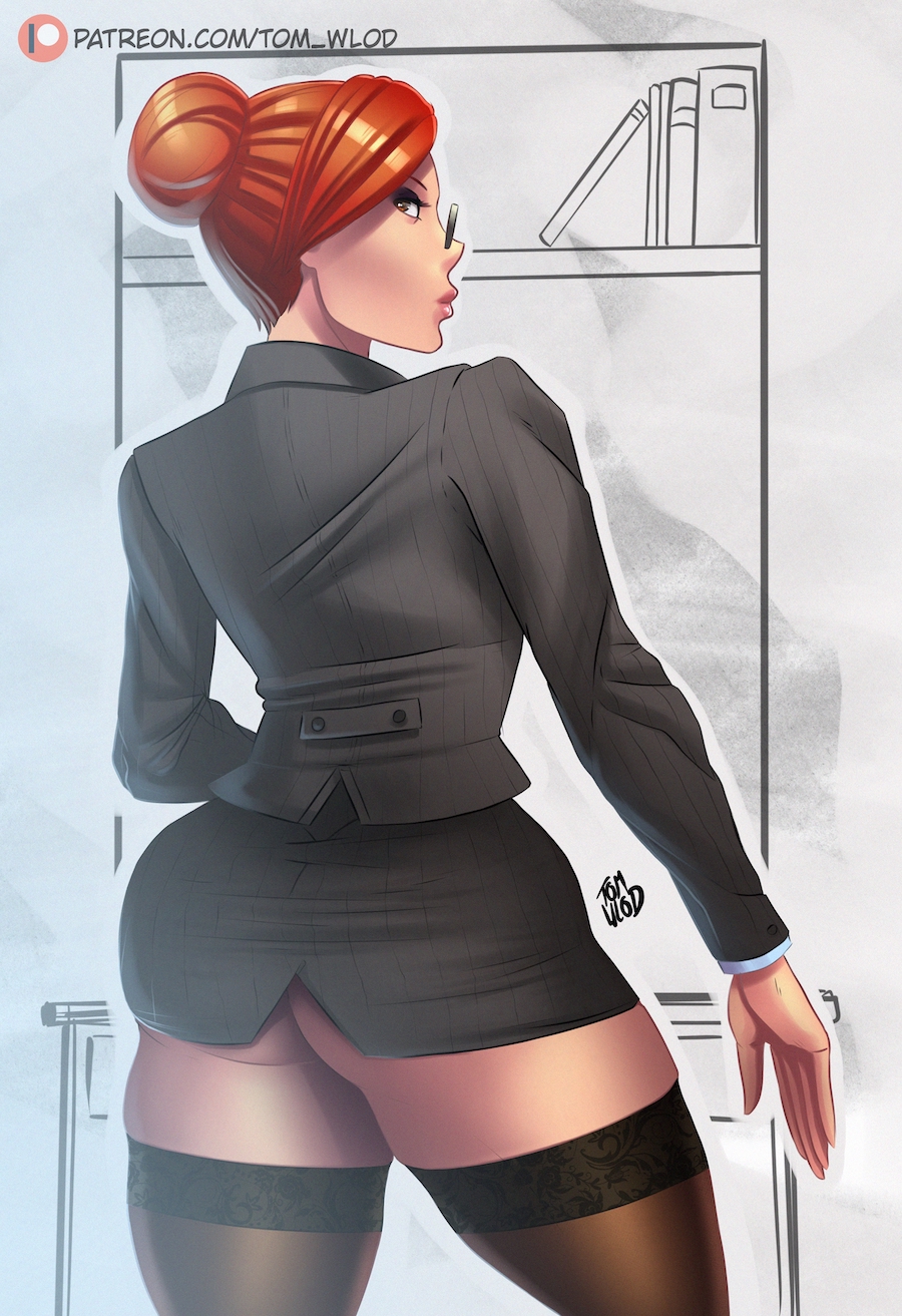 ass back_view black_legwear bookshelf boots brown_eyes business_suit clothed dress glasses hair_bun hourglass_figure looking_back miniskirt office_lady orange_hair original original_character pencil_skirt pinup pose skirt skirt_suit solo solo_focus standing thighhighs tight_clothing tight_skirt tom_wlod wide_hips