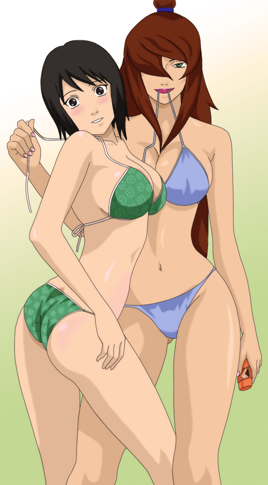 2girls, ass, big breasts, black eyes, black hair, breasts, brown hair, cleavage, curvaceous, curvy, female, female only, green eyes, hair over one eye, holding object, lipstick, long hair, looking at viewer, makeup, mei terumi, naruto, naruto (series), naruto shippuden, shizune, smile, straps, sunscreen, swimsuit, untied bikini, very long hair, wide hips