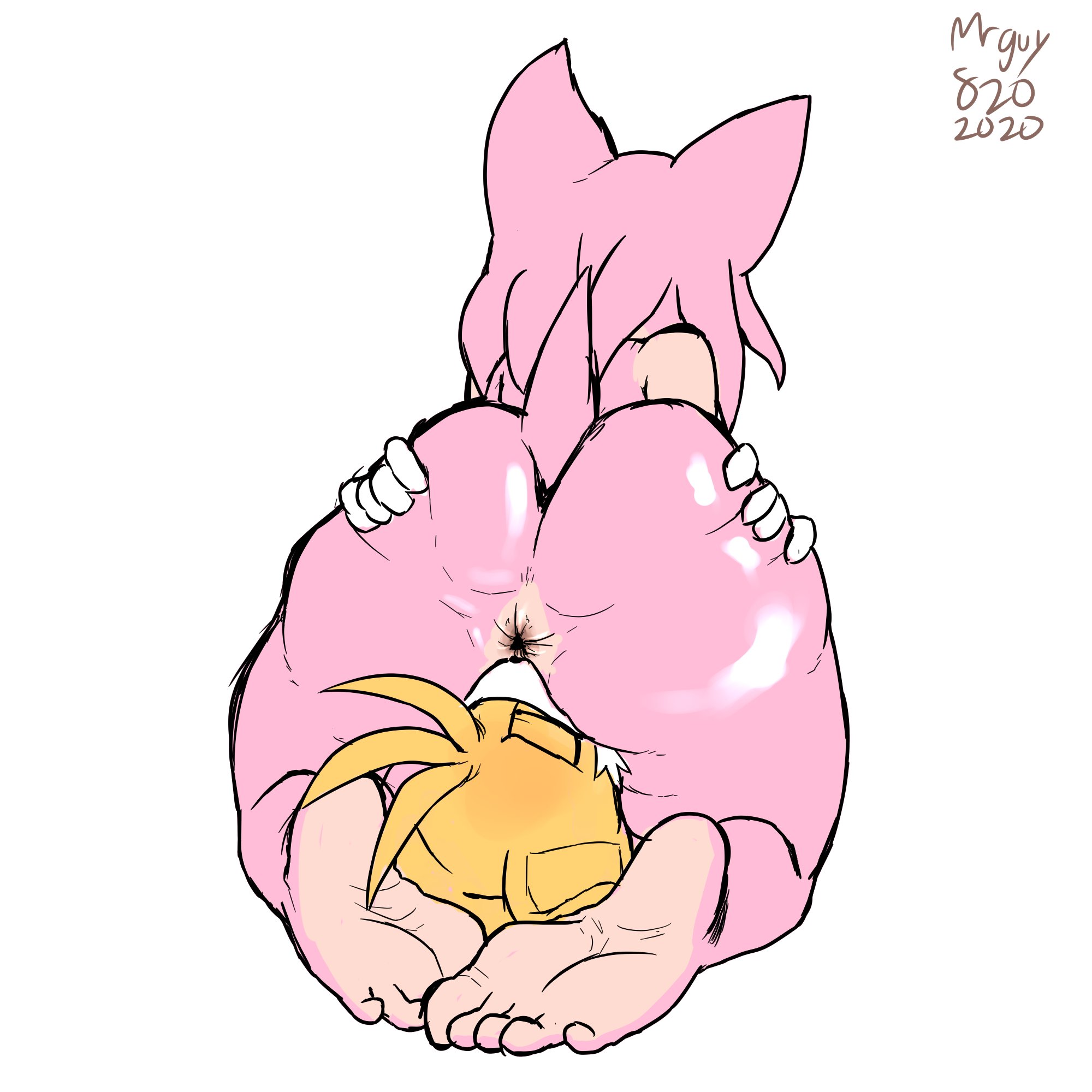 69 position, amy rose, anthro, anus, ass, barefoot, canine, closed eyes, facesitting, feet, female, fox, hands on ass, hedgehog, huge ass, mrguy820, nose in anus, pink fur, sonic (series), spread ass, tail, tails, tails the fox, white background