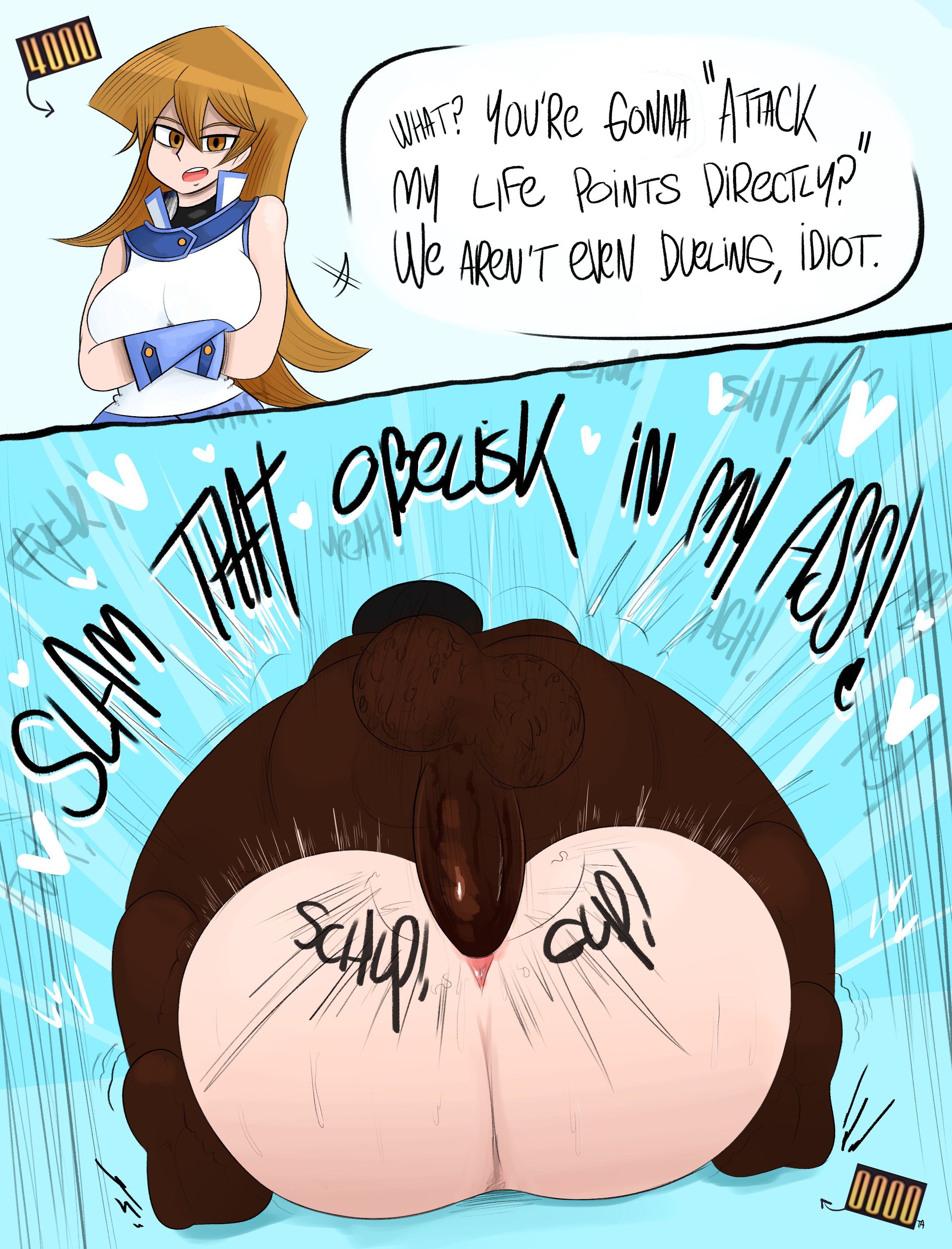 1boy, 1girls, 2koma, alexis rhodes, alternate ass size, alternate breast size, anal, anal mating press, anal sex, arms under breasts, ass, balls, big ass, big breasts, breasts, brown eyes, brown hair, clothing, dark skin, dark-skinned male, different ass sizes, english text, female, female penetrated, fucked silly, hairy balls, huge ass, instant loss 2koma, interracial, large ass, large breasts, male, mating press, ota (artist), pubic hair, sex, sexually dimorphic butts, speech bubble, straight, tenjouin asuka, testicles, text, thick ass, yu-gi-oh!, yu-gi-oh! gx