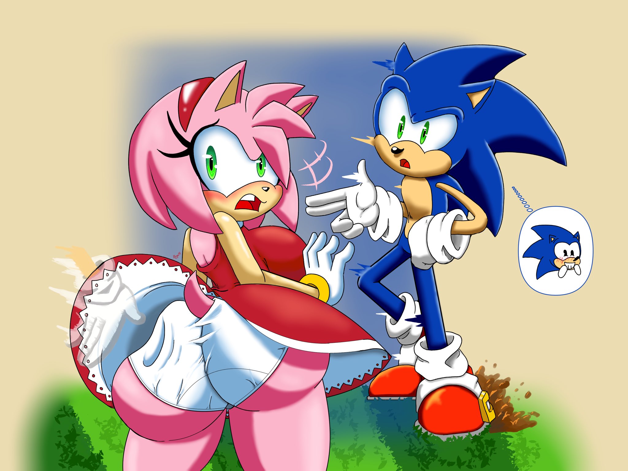 1boy, 1girls, amy rose, ass, ass slap, big ass, big breasts, big butt, blue fur, blush, breasts, bubble ass, bubble butt, clothing, dress, embarrassed, exposed torso, fat ass, female, footwear, handwear, headband, hi res, highres, huge ass, huge breasts, humanoid, large ass, large breasts, looking back, male, no bra, panties, pink fur, roga14, sega, shortstack, sideass, slap, sonic (series), sonic the hedgehog, spanked, spanking, thick ass, thick thighs, underass, upskirt, white panties, wide hips