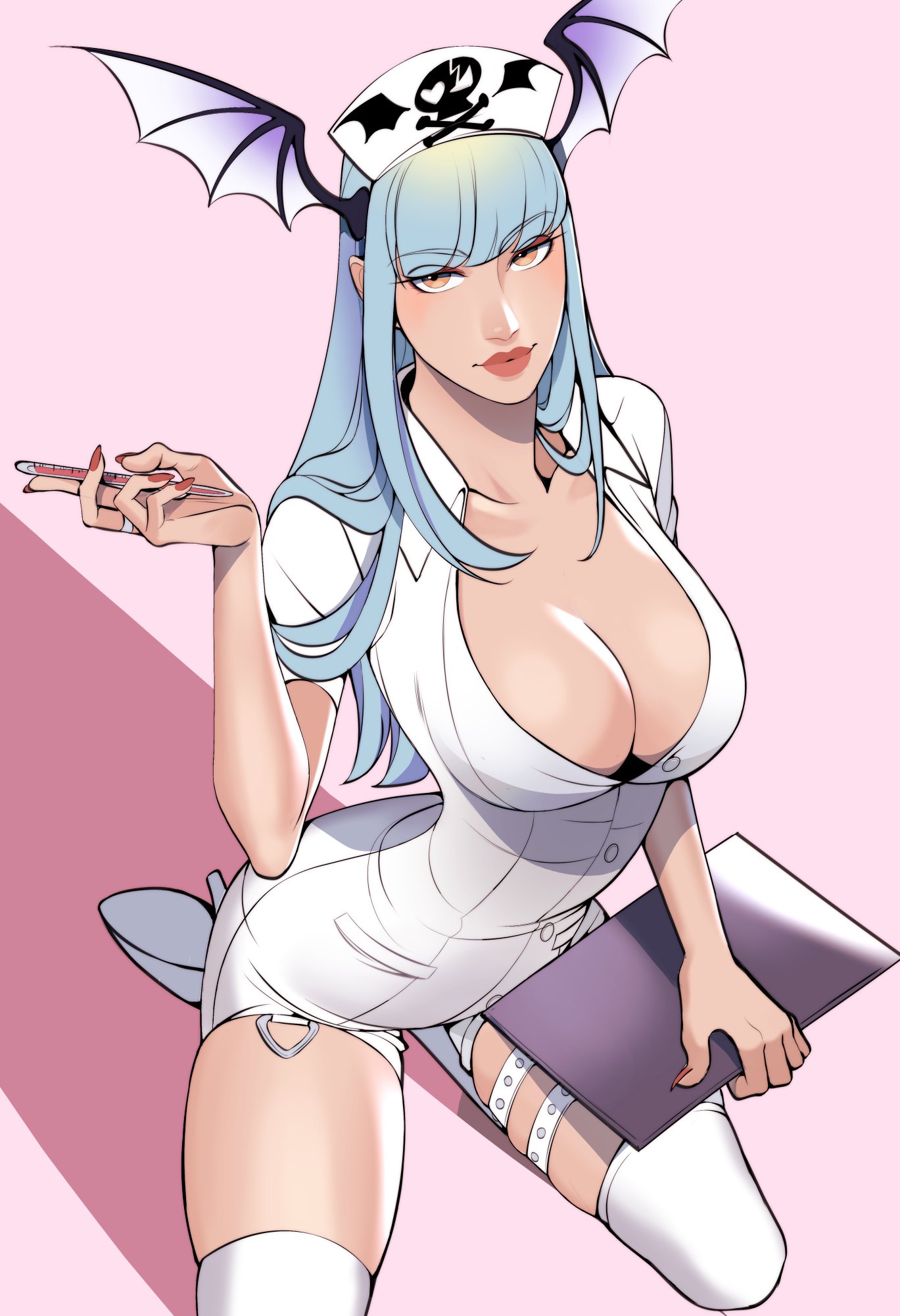 1girls, bangs, breasts, cleavage, clipboard, clothed, clothing, darkstalkers, demon, female, female only, green hair, half-closed eyes, head wings, heels, high heels, kneeling, large breasts, lipstick, long fingernails, long hair, looking at viewer, morrigan aensland, nail polish, nurse, nurse cap, nurse uniform, red nails, ring, solo, stockings, succubus, swee1 lemonade, thermometer, thighhighs, yellow eyes