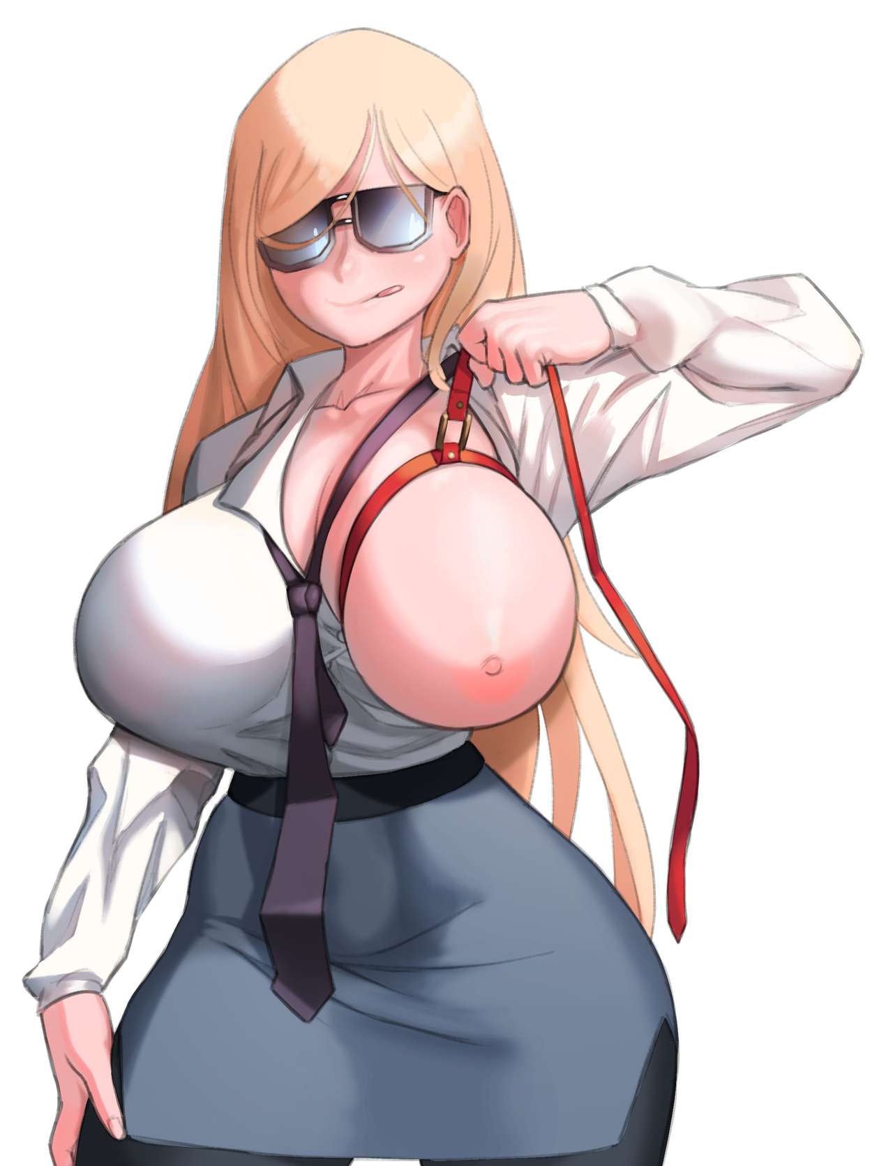 black necktie, black pantyhose, blonde, blue skirt, breasts, business suit, collared shirt, female, female focus, glasses, hourglass figure, huge breasts, impossible clothes, leash between breasts, leash pull, long hair, looking at viewer, miniskirt, office lady, one breast out, one breast out of clothes, original, pantyhose, pantyhose under skirt, pencil skirt, pink nipples, popogori, red leash, shiny breasts, simple background, skirt, skirt suit, slim waist, small nipples, smooth skin, solo female, solo focus, square glasses, standing, tagme (character), teasing, tight skirt, tongue, tongue out, white shirt