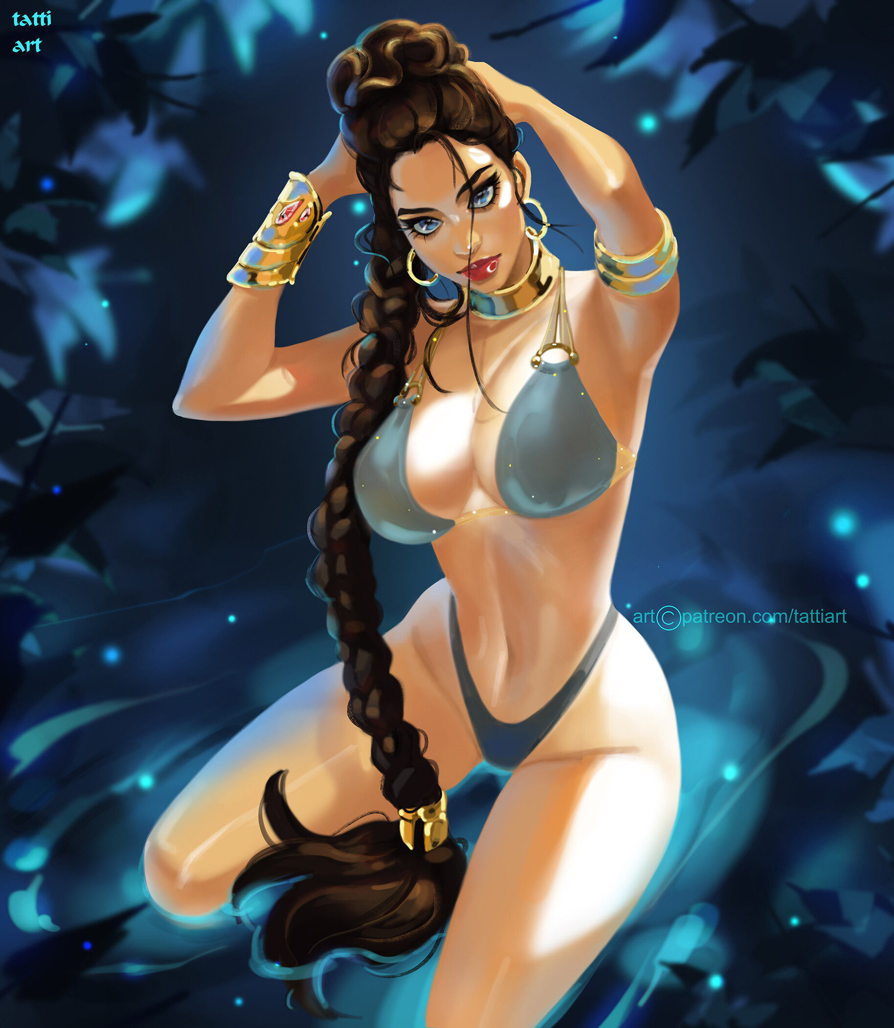 bikini, blue eyes, braid, braided hair, breasts, brown hair, cleavage, collar, enslaved royal, female, female only, kneeling, large breasts, long hair, princess leia organa, revealing clothes, royalty, slave, slave collar, slave girl, slave leia, slave outfit, star wars, tattiart, voluptuous, wrong eye color