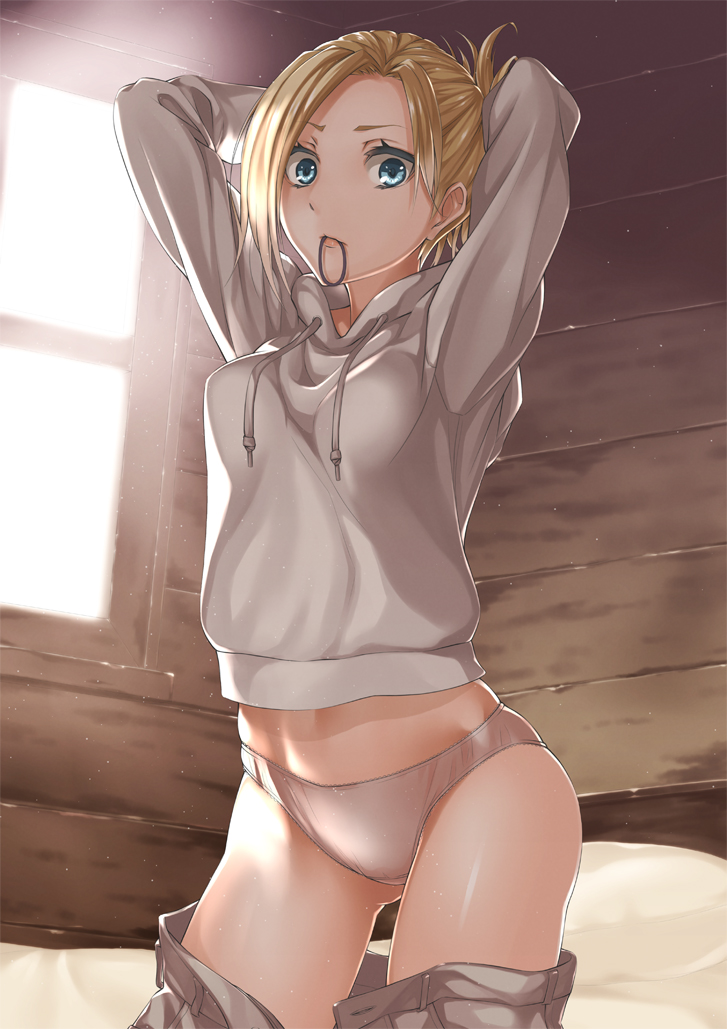1girls, annie leonhardt, attack on titan, blonde hair, blue eyes, caught, female, female only, hoodie, human, looking at viewer, panties, pants, pants down, pantyshot, shingeki no kyojin, solo, sweater, tied hair, underwear, white panties