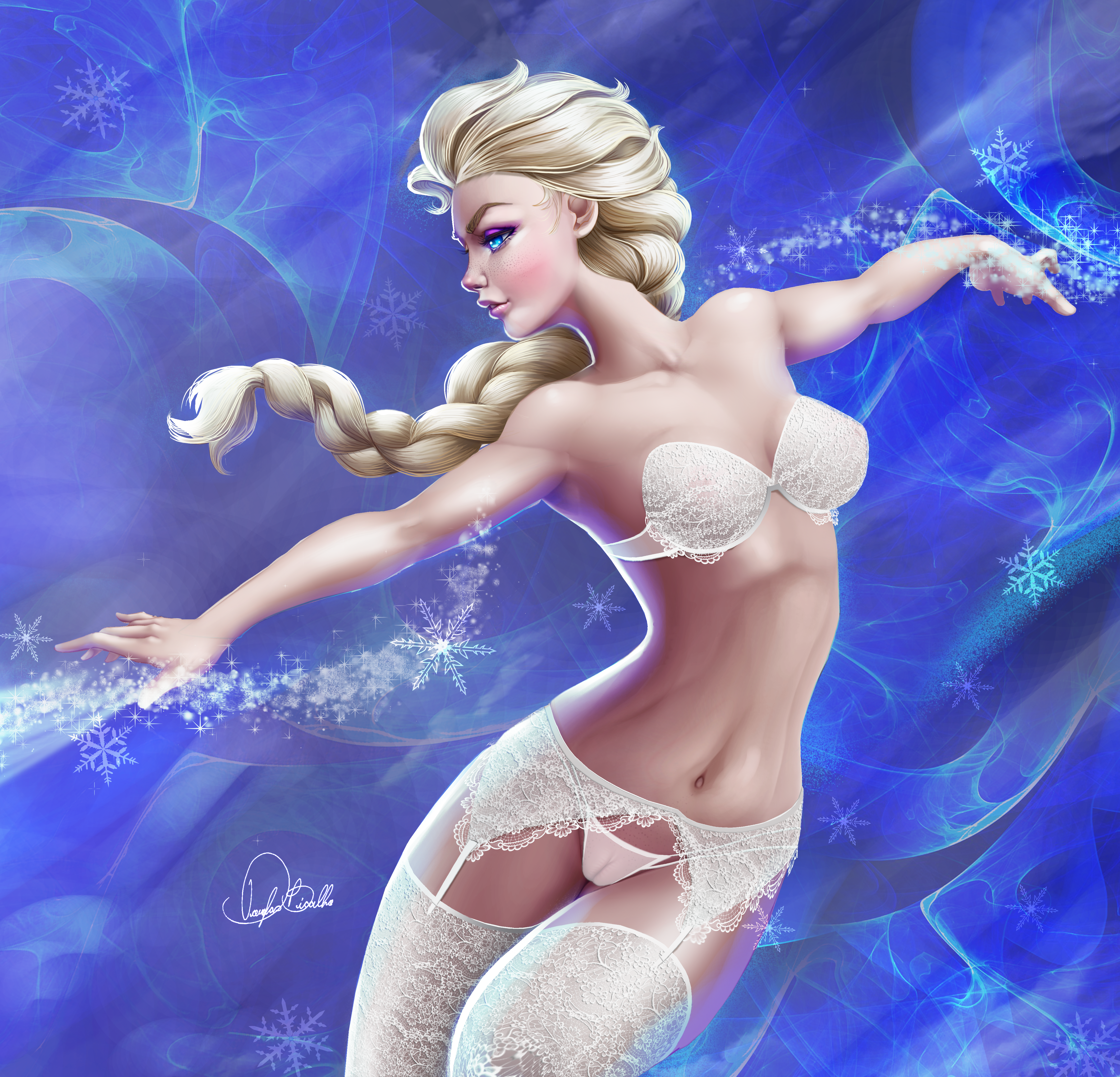 1girls, blonde hair, bra, breasts, disney, douglas bicalho, elsa (frozen), female, female only, frozen (film), medium breasts, panties, pussy, see-through, see-through panties, small breasts, solo, solo female