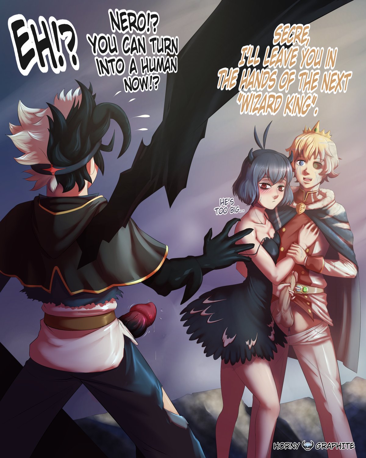 asta (black clover), black clover, black hair, black-haired female, blush, erect penis, erection, female, grabbing penis, handjob, hornygraphite, looking at another, looking back, lumiere silvamilion clover, male, penis, red eyes, secre swallowtail, text