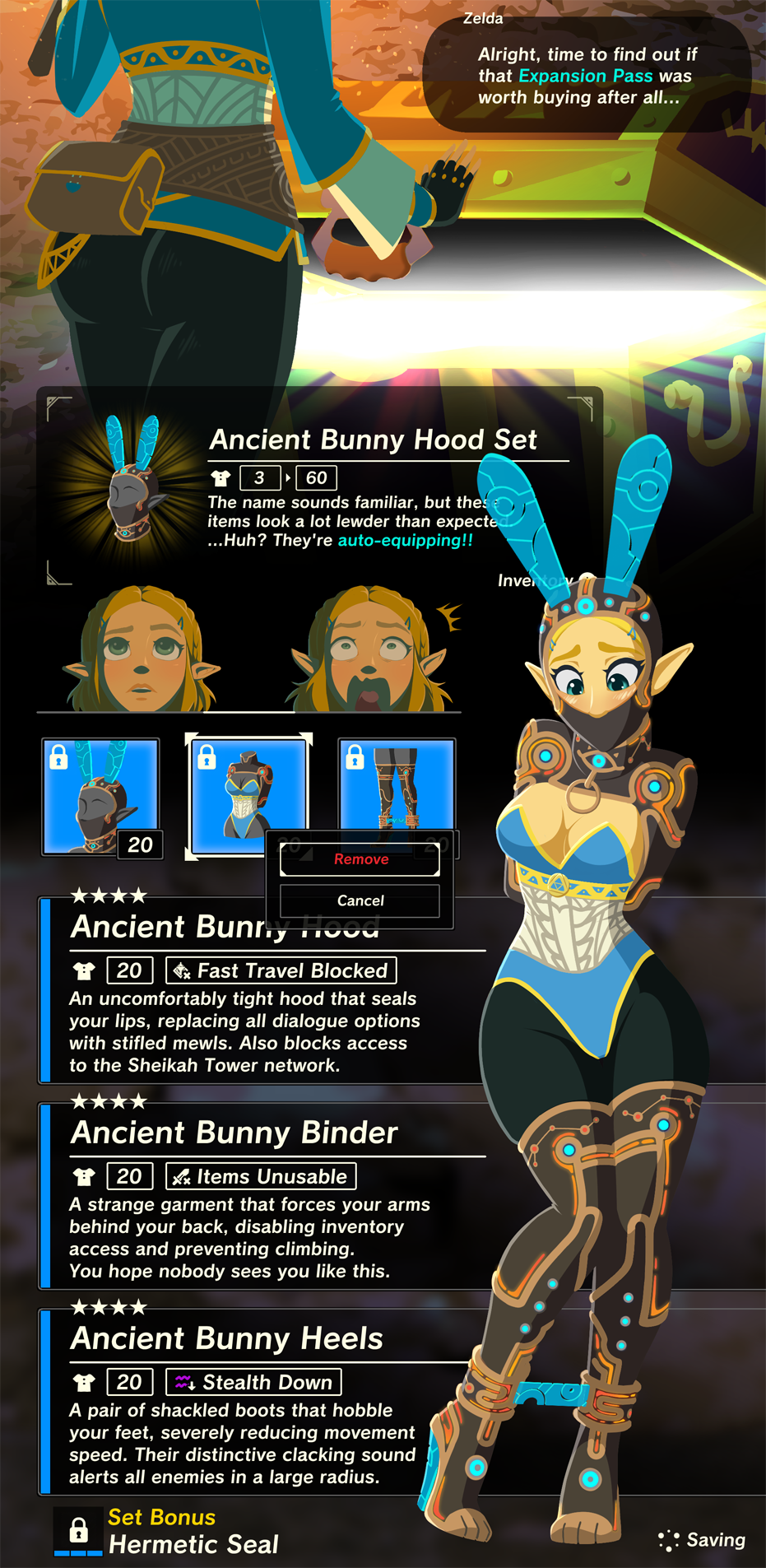 1girls ancient_bunny_binder ancient_bunny_heels ancient_bunny_hood ancient_bunny_hood_set arms_behind_back awkward bad_end blonde_hair bondage breasts breath_of_the_wild bunny_costume bunny_ear bunny_ears bunny_girl bunny_hood bunnysuit cleavage clothed clothes clothing costume curse cursed_clothing cursed_item english_text female female_only fully_clothed gameplay_mechanics heels high_heels humiliation item_description knees_together_feet_apart leotard lingerie nintendo on_model pale_skin permanent_bondage predicament_bondage princess_zelda public_humiliation solo stiletto_heels tears_of_the_kingdom text the_legend_of_zelda thighhighs tiptoes trapped very_high_heels wide_hips wossarem zelda_(tears_of_the_kingdom)