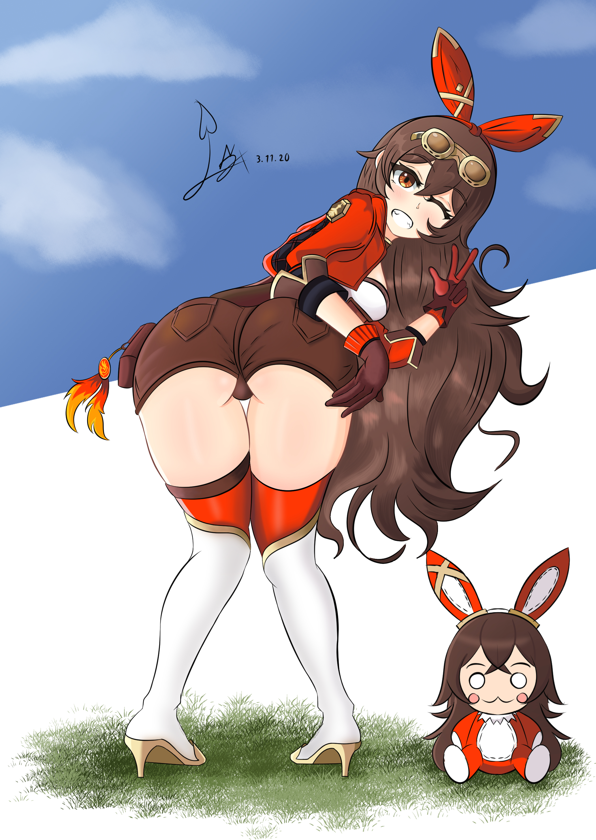 1girls, absurd res, amber (genshin impact), ass, baron bunny (genshin impact), big ass, boots, brown eyes, brown hair, female, genshin impact, gloves, grass, high resolution, jacket, jewelry, laceysx, long hair, shorts