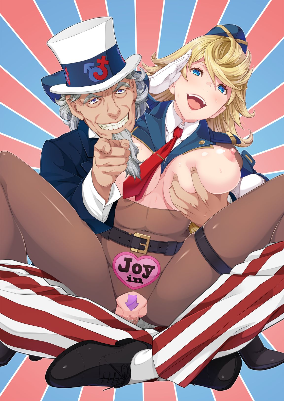 american_flag beard blonde_hair blue_eyes breast_grab butcha-u casual censored crotchless earrings exposed facial_hair female femsub functionally_nude functionally_nude_female game_cg gloves goatee hat high_resolution kenzen!_hentai_seikatsu_no_susume maledom old_man older_dom_younger_sub older_male older_man_and_teenage_girl pointing_at_viewer propaganda salute saluting sdpo skin_tight smile uncle_sam white_gloves younger_female