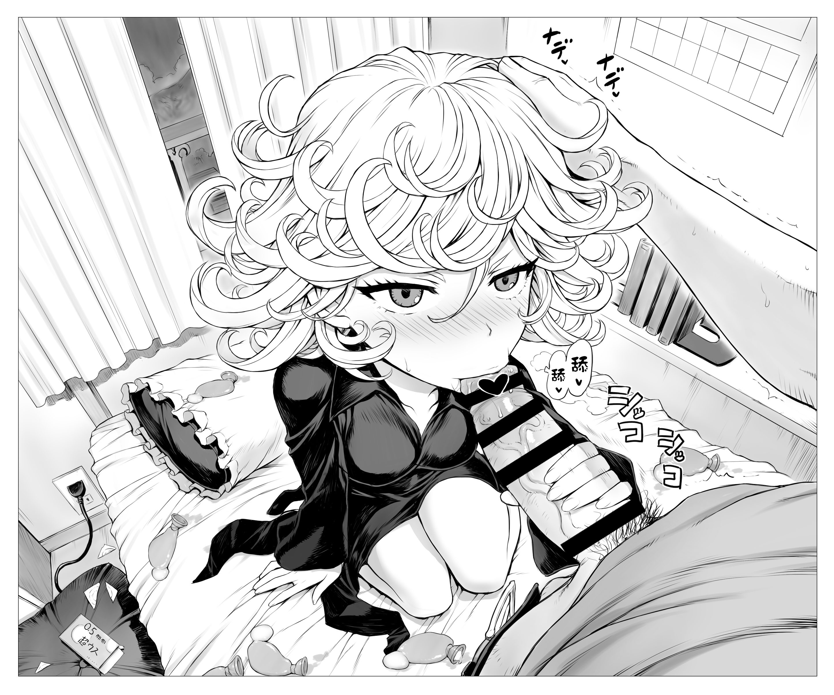 :>=, 1boy, 1girls, bar censor, censored, female, male, mogudan, monochrome, one-punch man, oral, penis, sex, tagme, tatsumaki