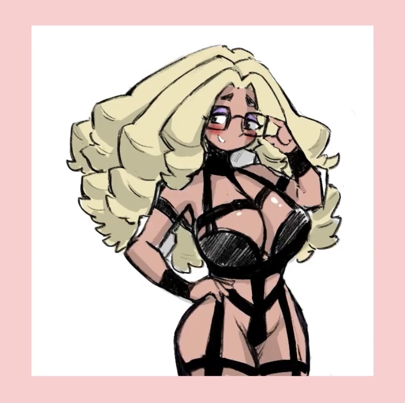 adjusting_glasses big_breasts black_clothing blonde_hair blush bondage_outfit border choker cleavage curvaceous curvy glasses kap_o maria_(kap_o) original_character skin_tight tanned thick_hips thick_thighs wavy_hair white_background