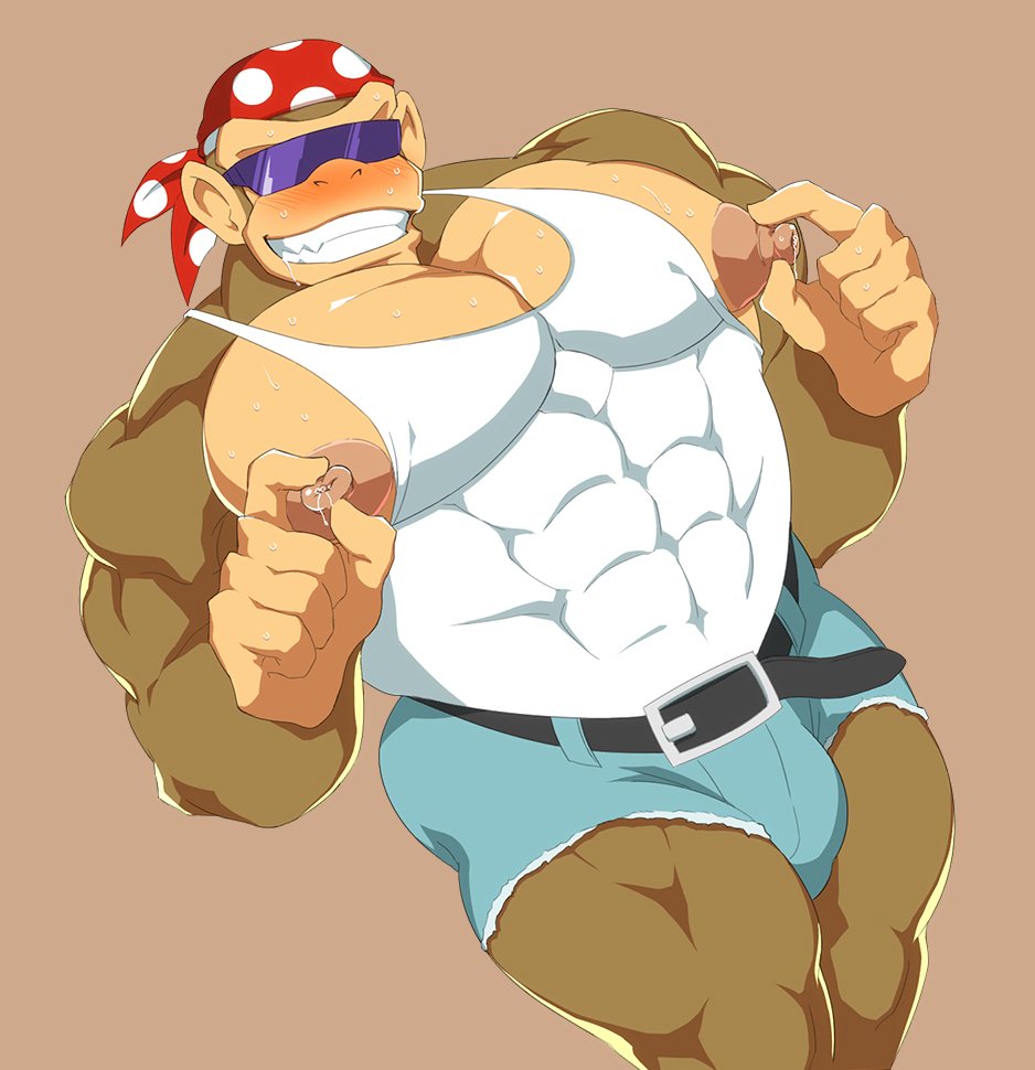 anthro big_pecs blush bulge clothed donkey_kong_(series) funky_kong gorilla male male_only muscles muscular nintendo nipple_tweak nipples pinching_nipples solo solo_male sunglasses