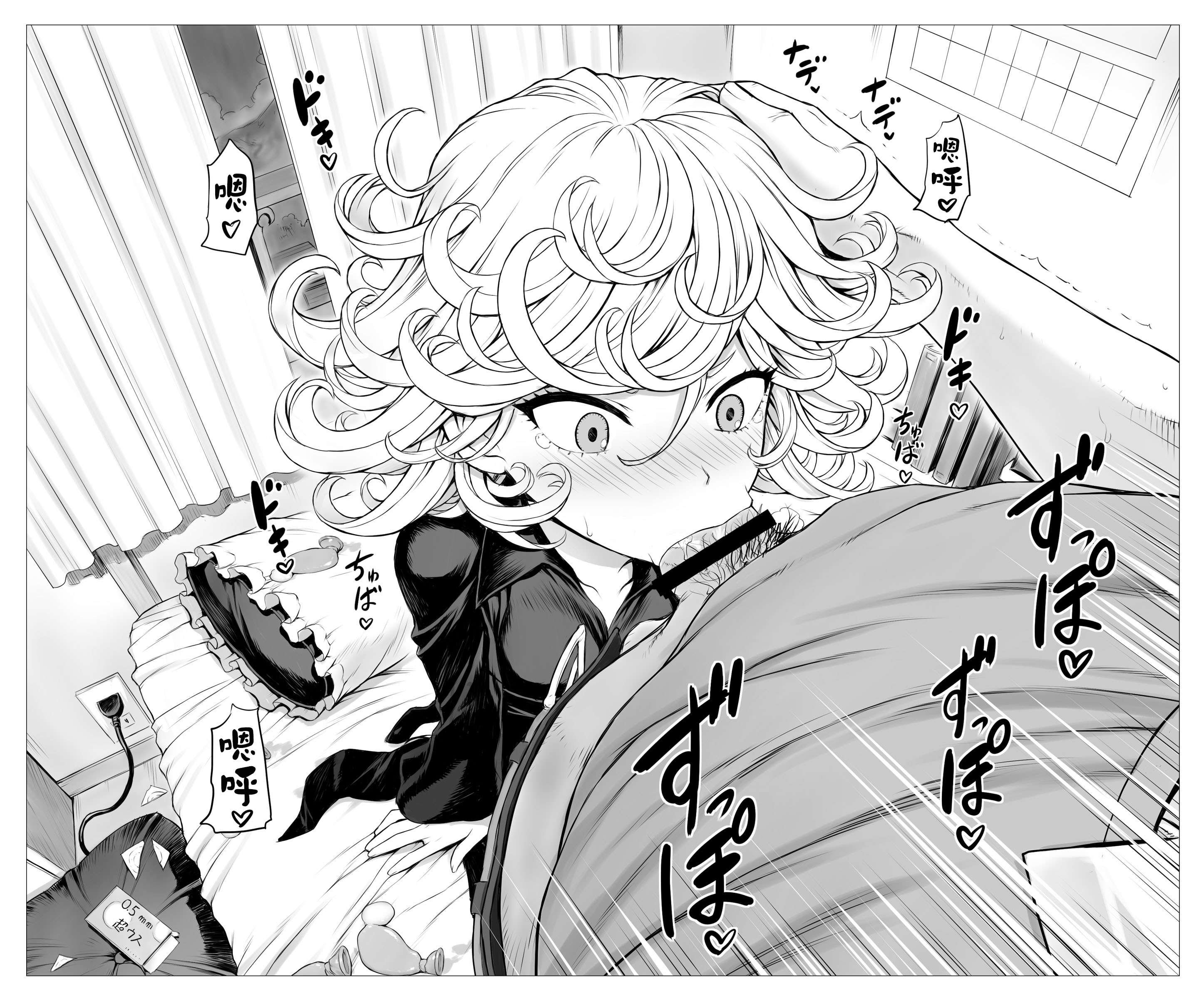 :>=, 1boy, 1girls, bar censor, censored, female, male, mogudan, monochrome, one-punch man, oral, penis, sex, tagme, tatsumaki