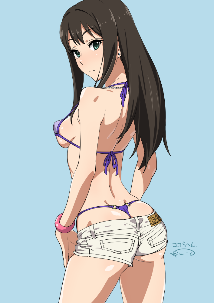 1girls aqua_eyes ass ass_cleavage back bangs bare_shoulders bikini bikini_under_clothes black_hair blue_background blue_eyes blush bracelet breasts brown_hair butt_crack closed_mouth cowboy_shot dimples_of_venus earrings erect_nipples expressionless female female_only from_behind green_eyes idolmaster idolmaster_cinderella_girls jewelry long_hair looking_at_viewer looking_back medium_breasts micro_bikini necklace o-ring_bottom pants perky_breasts puffy_nipples purple_bikini purple_swimsuit shibuya_rin shiny shiny_skin short_shorts shorts shoulder_blades sideboob signature simple_background skindentation solo solo_female standing strap_gap stud_earrings suna swimsuit thong thong_above_shorts thong_bikini thong_straps whale_tail white_background white_pants wristband