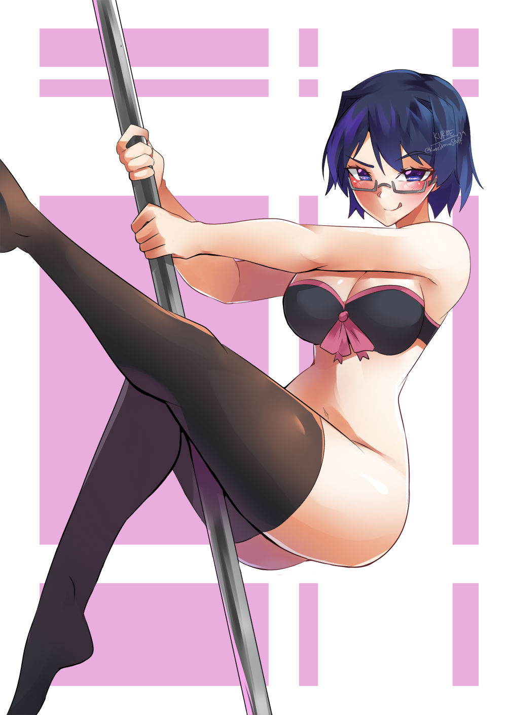 1girls arms artist_name belly big_breasts black_bra black_legwear black_tights blue_eyes blue_hair blush blushing blushing_at_viewer breasts cleavage confident dance dancer dancing eyelashes female female_focus female_only glasses hakamichi_shizune hourglass_figure human human_focus human_only katawa_shoujo large_breasts leg_focus leg_up legs legwear licking licking_lips light-skinned_female light_skin long_legs looking_at_viewer midriff navel no_panties nopan pink_ribbon pole pole_dance pole_dancer pole_dancing short_hair showing_off smirk smirking smug smug_face smug_grin solo solo_female solo_focus stomach stripper_pole thick thick_thighs thighs tights