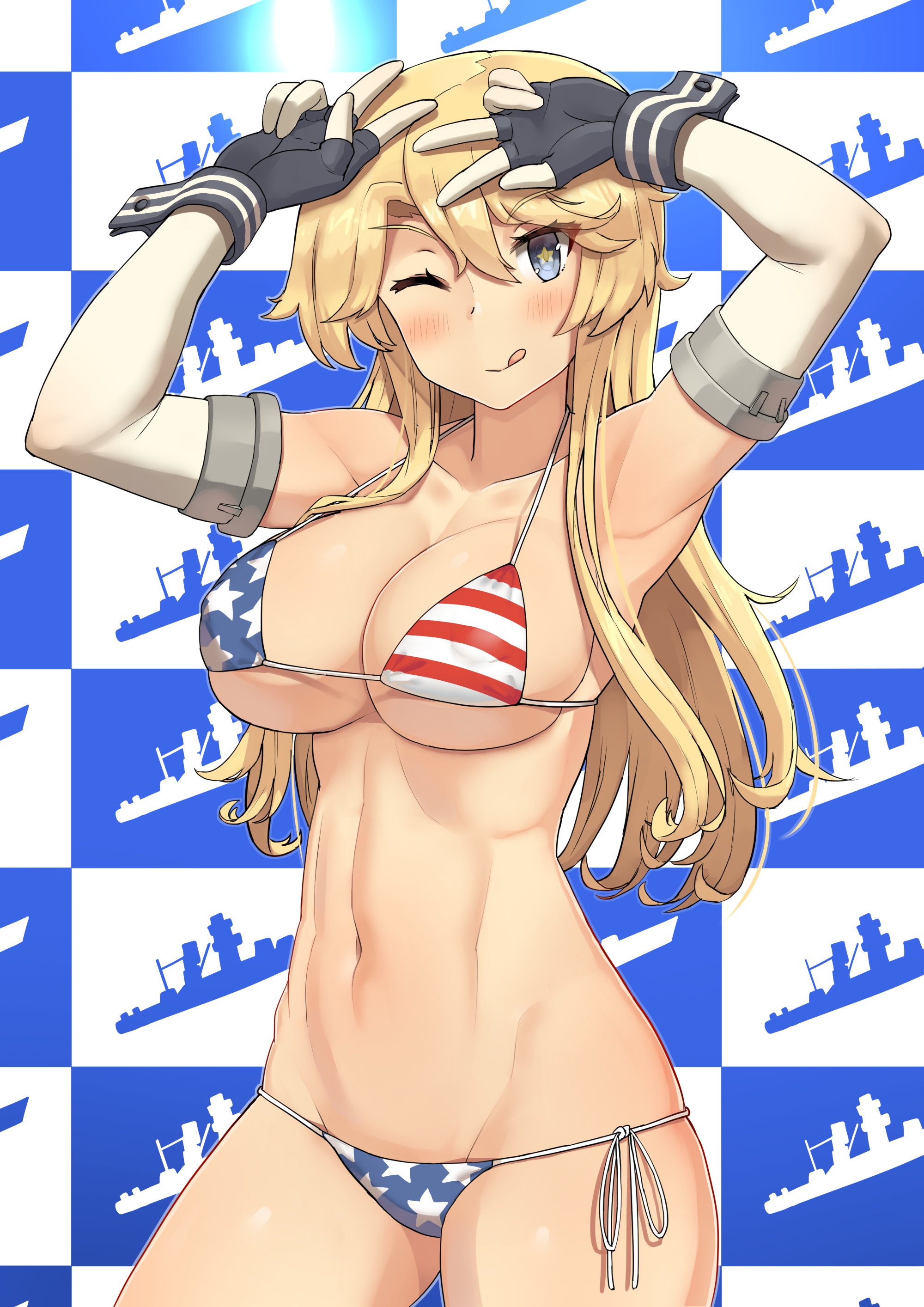 1girls, absurdres, american flag, american flag bikini, big breasts, bikini, blonde hair, blue background, blue eyes, breasts, checkered, checkered background, closed mouth, collarbone, elbow gloves, female, female only, fit, fit female, flag print, gloves, highres, iowa (kantai collection), kantai collection, large breasts, long hair, looking at viewer, navel, one eye closed, side-tie bikini, skindentation, smile, solo, solo female, soushou nin, star (symbol), star-shaped pupils, swimsuit, symbol-shaped pupils, tongue, tongue out, two-tone background, upper body, v, white background