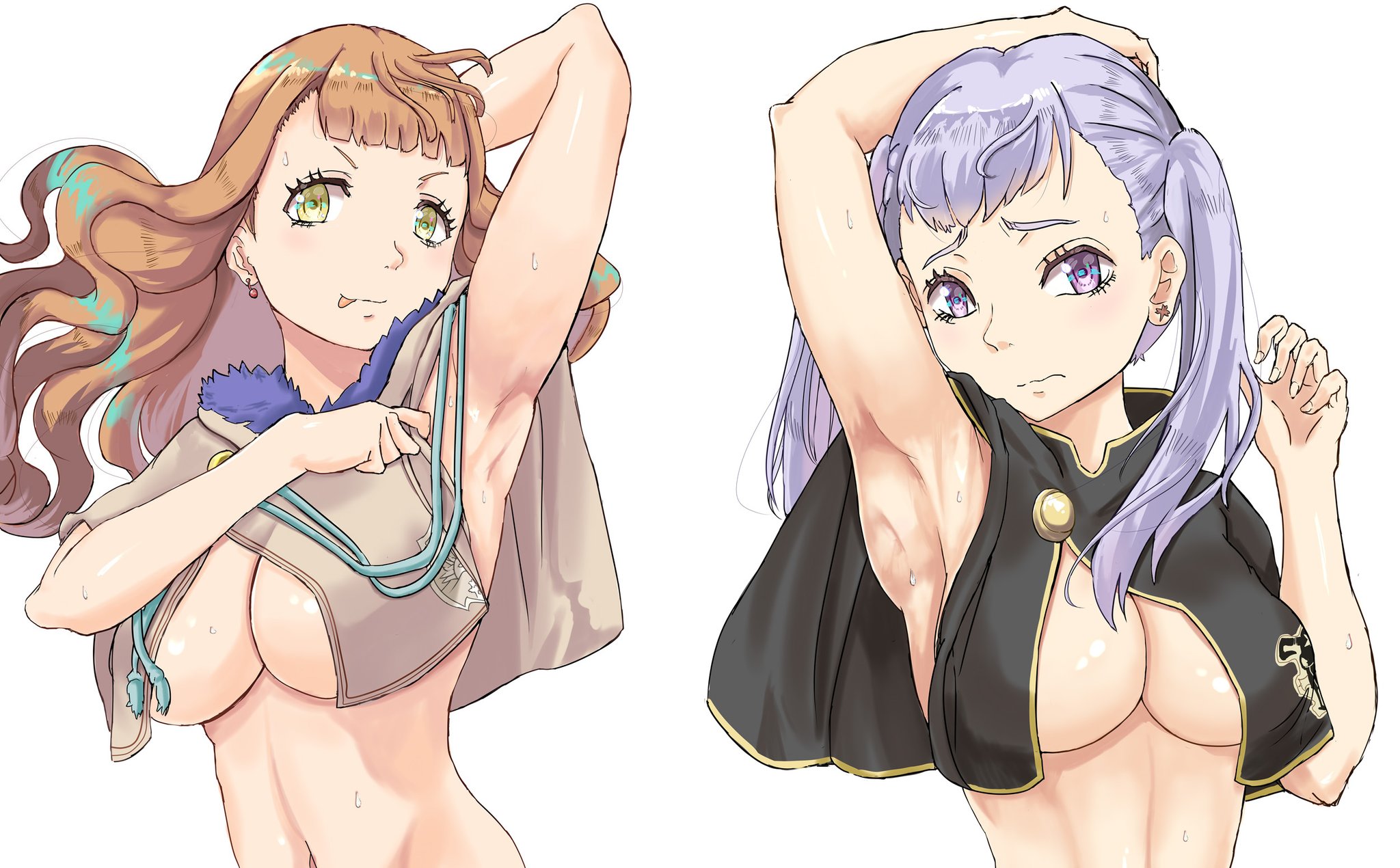 2girls, armpits, arms up, black bulls uniform, black clover, breasts, cloak, convenient censoring, cousins, embarrassed, female, female only, golden dawn uniform, green eyes, large breasts, long hair, looking at viewer, mimosa vermillion, multiple females, multiple girls, no bra, noelle silva, orange hair, plain background, presenting, presenting armpit, purple eyes, raised arm, silver hair, sweat, sweatdrop, teenager, tongue, tongue out, tukemen gyokai, twintails, white background