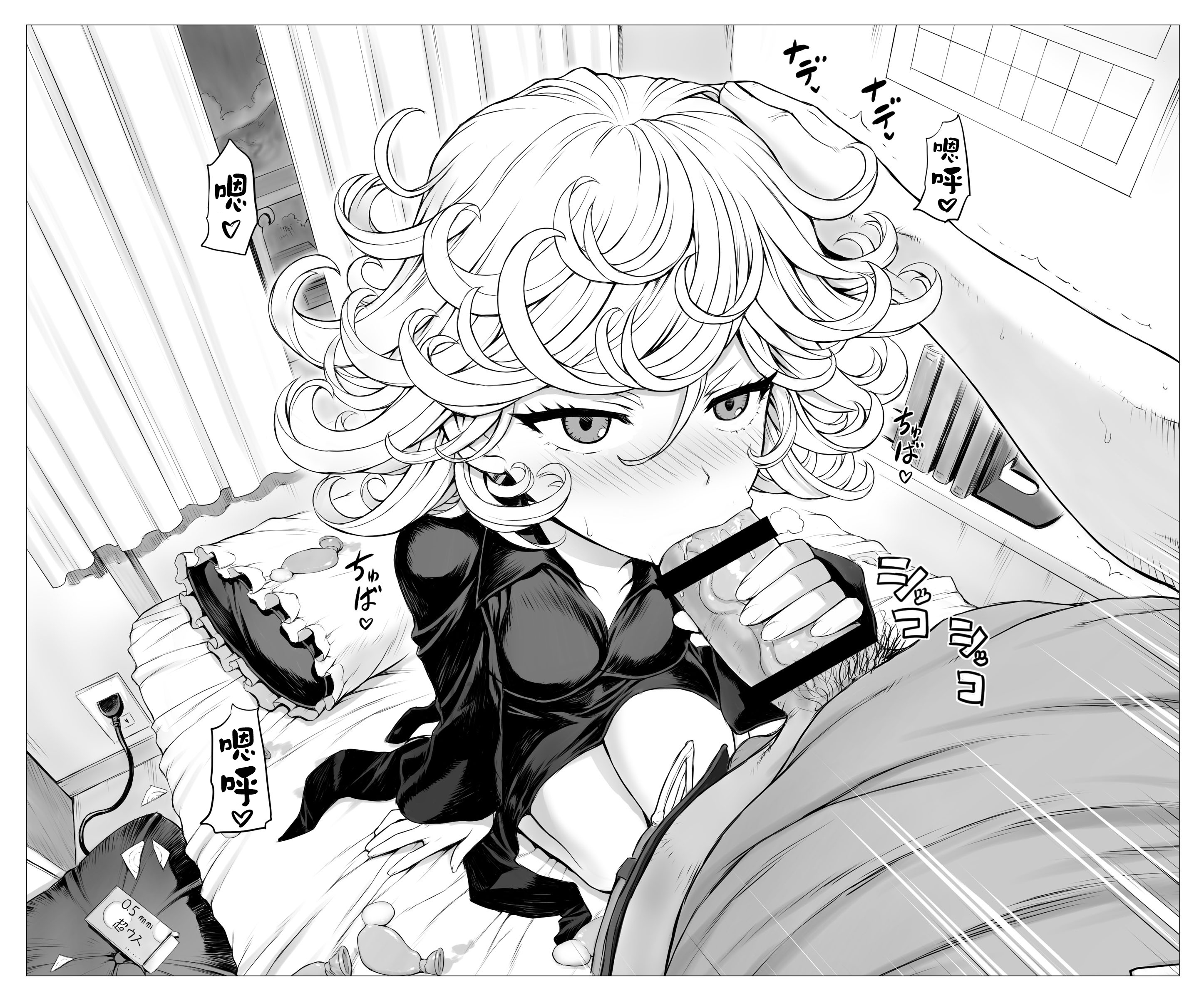 :>=, 1boy, 1girls, bar censor, censored, female, male, mogudan, monochrome, one-punch man, oral, penis, sex, tagme, tatsumaki