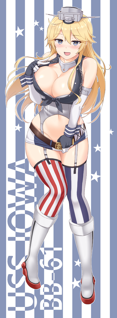 american_flag american_flag_legwear blue_eyes blush breasts cleavage female gloves iowa_(kantai_collection) kantai_collection large_breasts sama_samasa skirt skirt_pull smile solo thighhighs thighs