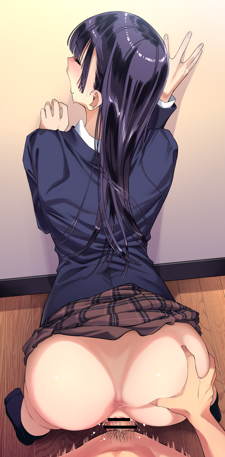 1boy anus ass ass_grab back bar_censor black_hair black_legwear blush breasts cardigan censored cleavage female highres kaedeko_(kaedelic) kneehighs long_hair male_pubic_hair mole mole_under_mouth original penis pov pubic_hair school_uniform sex skirt standing standing_sex straight sweat uchimura_reimi vaginal_penetration