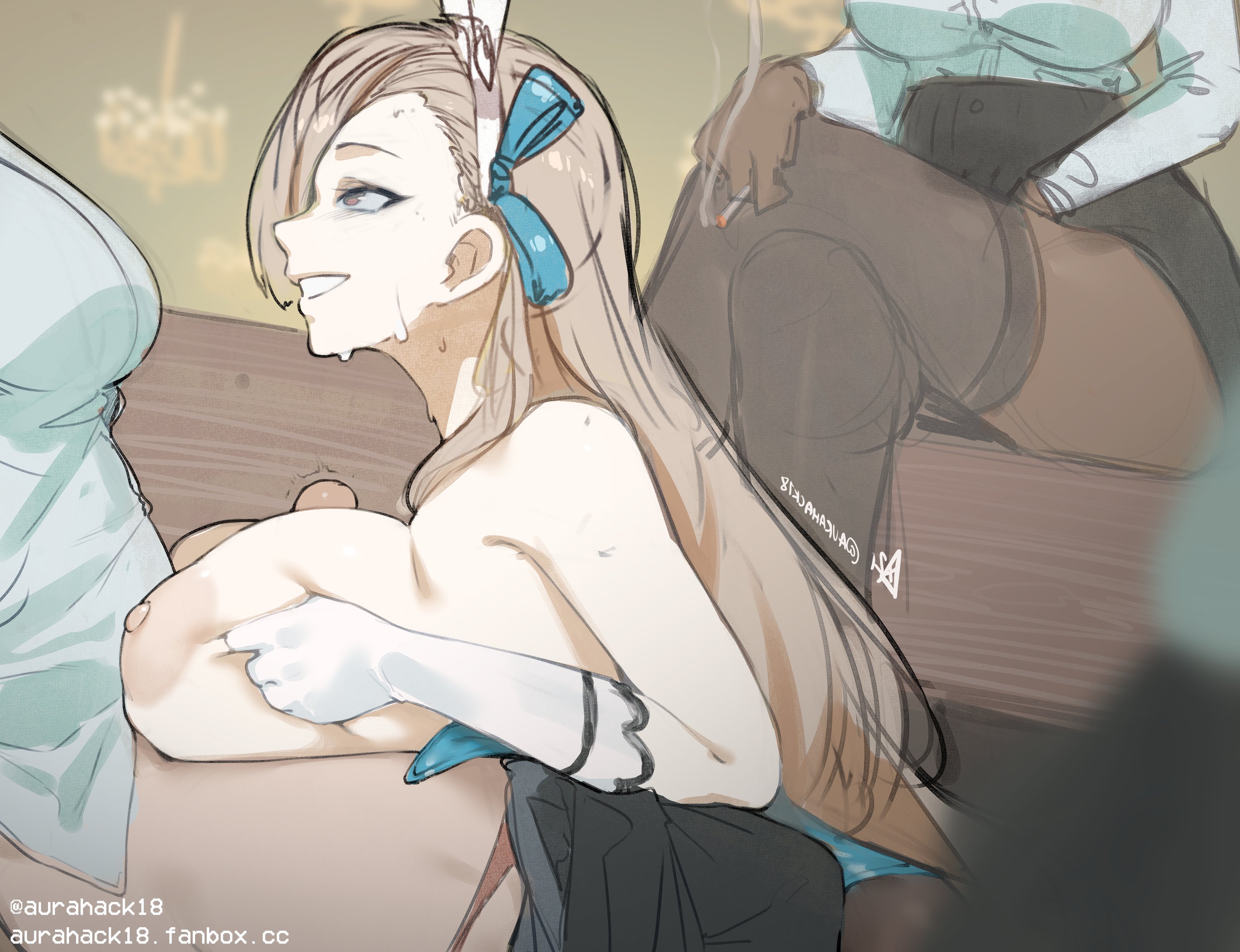 1futa, 1girls, asuna (blue archive), asuna (bunny) (blue archive), aurahack, big breasts, blue archive, breasts, cleavage, clothed, duo, erection, faceless futa, female, female focus, futa on female, futa on futa, futanari, huge breasts, human, intersex, large breasts, light skin, light-skinned female, light-skinned futa, millennium science school student, paizuri, pale skin, partially clothed, penis, sitting