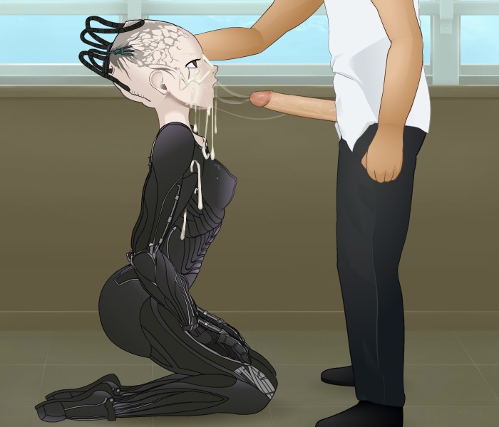 1boy 1girls blowjob borg_(species) borg_queen cum cum_on_face fellatio female hand_on_head head_grab jimmy_jammer kneeling konashion nightmare_waifu oral oral_sex robot robot_girl saliva saliva_string star_trek super_deepthroat_game