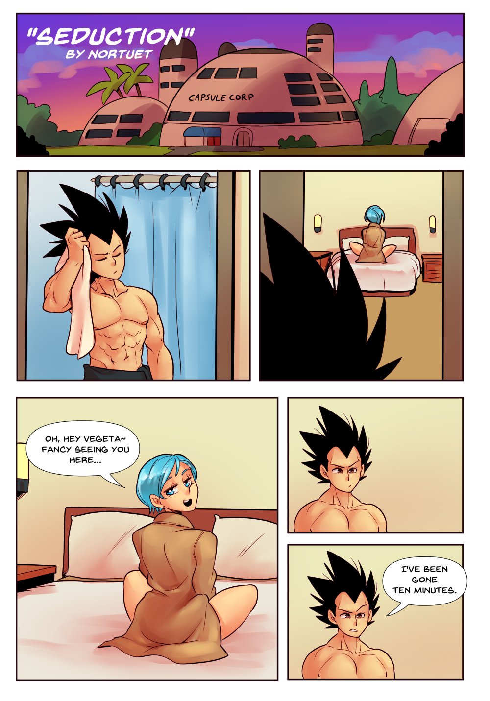 bulma briefs, clothed, comic, dragon ball, dragon ball z, english text, female, nortuet, seducing, seductive, straight, vegeta