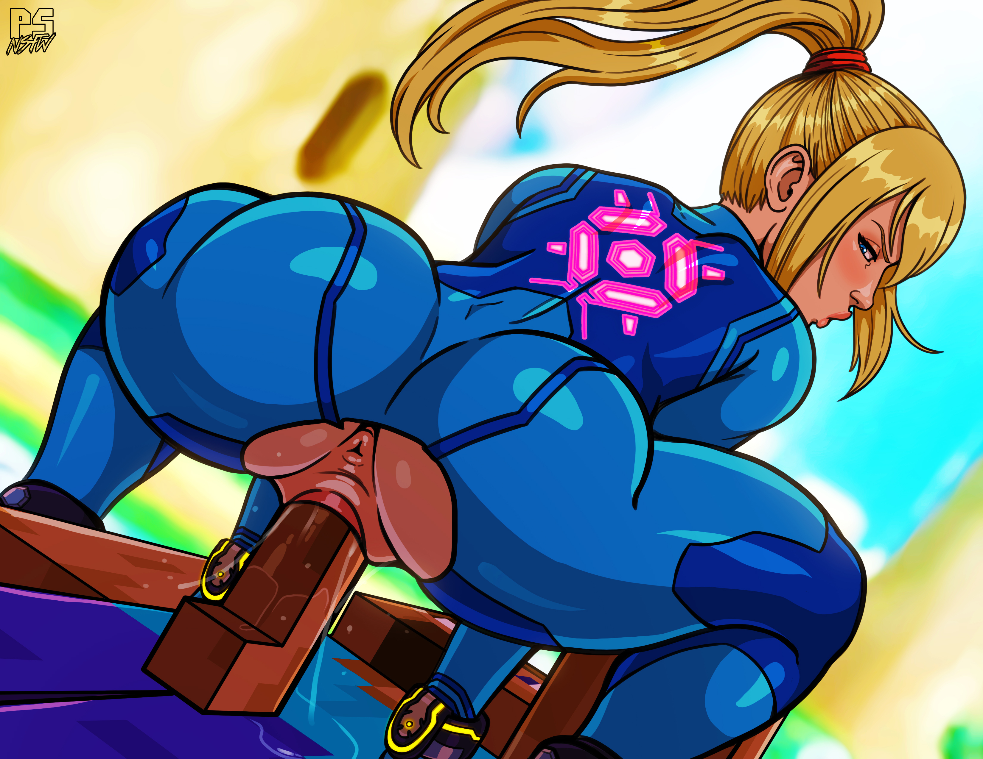 1boy, 1girls, ass, big ass, blonde hair, bubble butt, cowgirl position, crossover, dark skin, dark-skinned male, erection, female, looking back, male, metroid, minecraft, nintendo, nude, penetration, penis, ponytail, pumpkinsinclair, pussy, samus aran, sex, steve (minecraft), straight, super smash bros., super smash bros. ultimate, vaginal penetration, zero suit, zero suit samus
