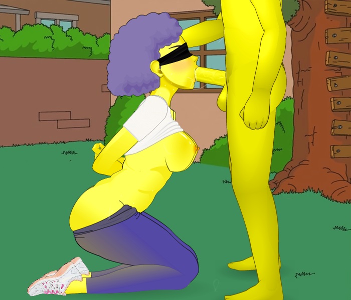 1boy 1girls :>= blindfold blowjob curvy fellatio female forced hand_on_head huge_ass jimmy_jammer kneeling konashion oral selma_bouvier shirt_lift super_deepthroat_game the_simpsons yoga_pants