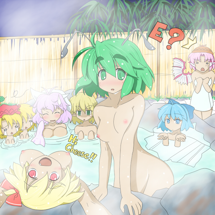 6+girls ? antennae bamboo bamboo_forest bathing blonde_hair blue_eyes blue_hair blush bow breast_envy breasts breasts_apart cirno cute_fang engrish eyebrows forest green_eyes green_hair hairbow ice leaf letty_whiterock minoriko_aki mizuhashi_parsee multiple_girls mystia_lorelei nagi_(pixiv119941) nature nipples nude o_o onsen open_mouth pink_hair ranguage red_eyes rock romaji rumia shaded_face shizuha_aki short_hair steam sweatdrop team_9 tear touhou towel wet wings wriggle_nightbug youkai