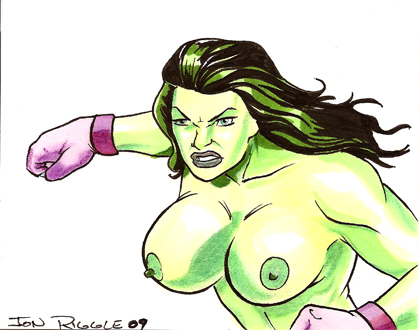 1girls 2009 areola artist_name avengers big_breasts breasts color colored female female_only fingerless_gloves gloves green_eyes green_hair green_skin hulk_(series) jon_riggle large_breasts long_hair marvel marvel_comics nipples she-hulk solo white_background