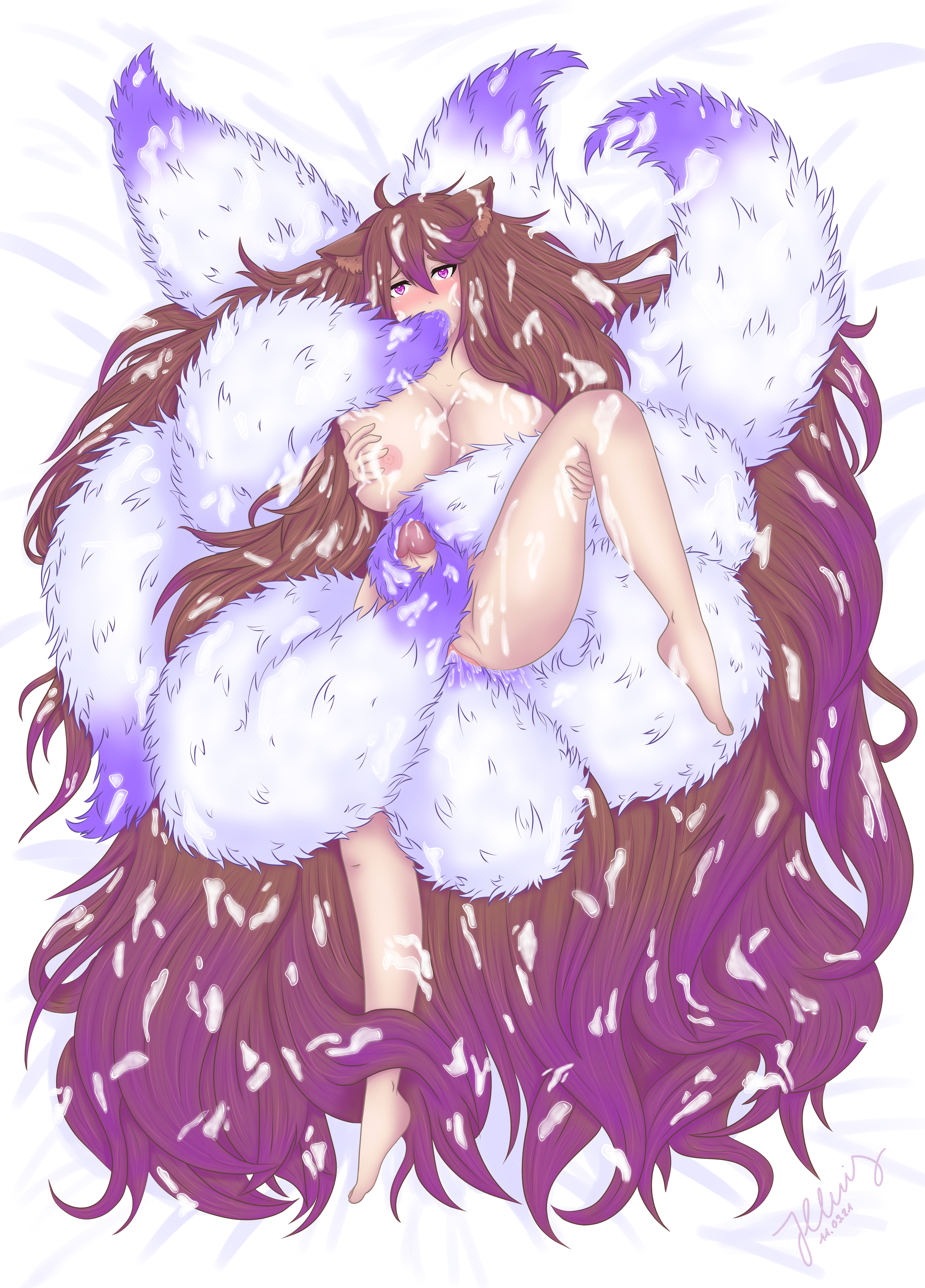 1futa, 9 tails, anal insertion, autotailjob, autotailsex, bed, bed sheet, bedroom eyes, big breasts, blush, breasts, brown hair, cat ears, covered in cum, cum, cum on body, cum on breasts, cum on face, cum on hair, cum on tail, cumshot, ear tuft, excessive cum, extremely long hair, fluffy ears, fluffy tail, fox, futa only, futa sans balls, futanari, heart eyes, high resolution, highres, holding breast, holding leg, illunisarts, intersex, kitsune, kitsunemimi, laying, laying on back, long hair, long tail, looking at viewer, looking pleasured, masturbation, mind break, multi tail, multicolored hair, multicolored tail, oral insertion, original character, purple eyes, purple hair, purple tail, pussy, sayathekitsune, solo, solo futa, tail in mouth, tail in pussy, tail insertion, tail sex, tailjob, triple penetration, vaginal insertion, vaginal juices, very long hair, very long tail, white tail