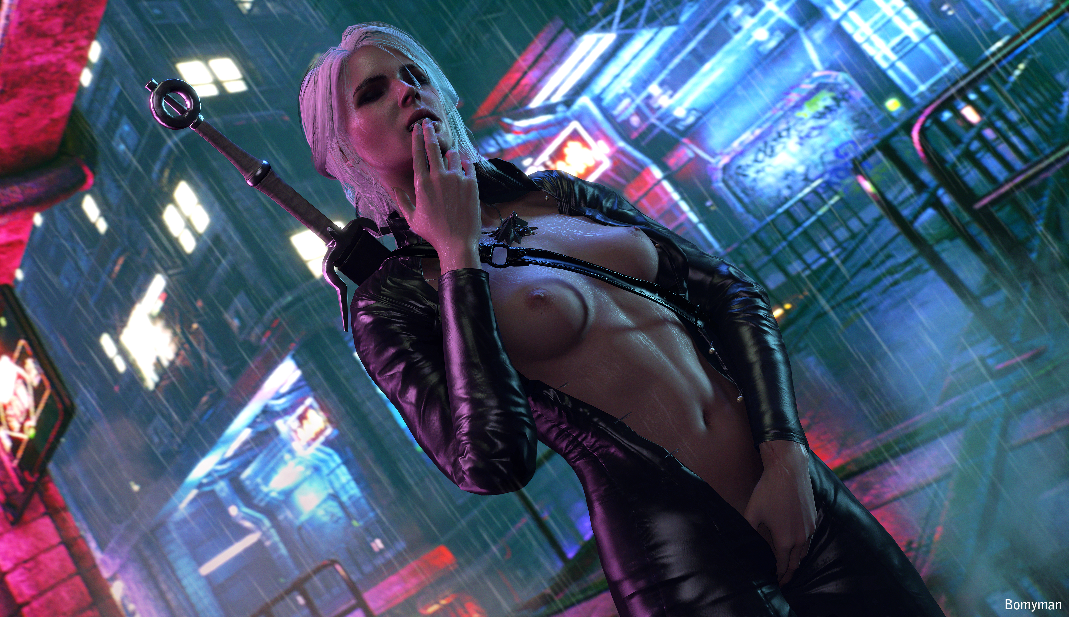 1girls, 3d, absurdres, areolae, bad id, bad tumblr id, bomyman, breasts, cd projekt red, ciri, crossover, cyberpunk, cyberpunk (series), cyberpunk 2077, female, female only, highres, nipples, open shirt, solo, source filmmaker, the witcher (series), the witcher 3: wild hunt, year request