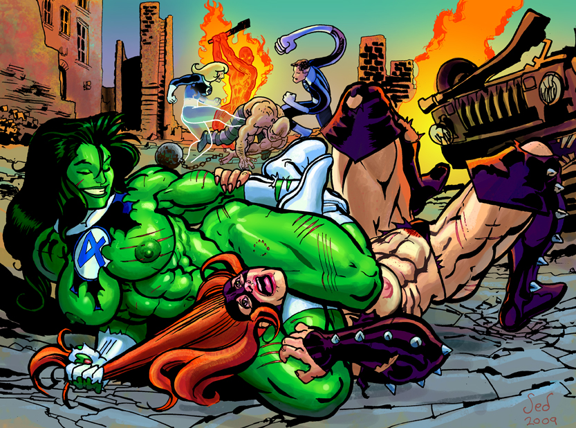 2009 2girls abs absorbing_man big_breasts boots breasts catfight fantastic_four female female_focus femdom green-skinned_female green_hair green_skin hulk_(series) human_torch invisible_woman johnny_storm lezdom light-skinned_female marvel marvel_comics mr_fantastic multiple_girls muscular muscular_female naked_female red_hair reed_richards scissorhold scratches sed she-hulk smile sue_storm titania_(marvel) torn_clothes