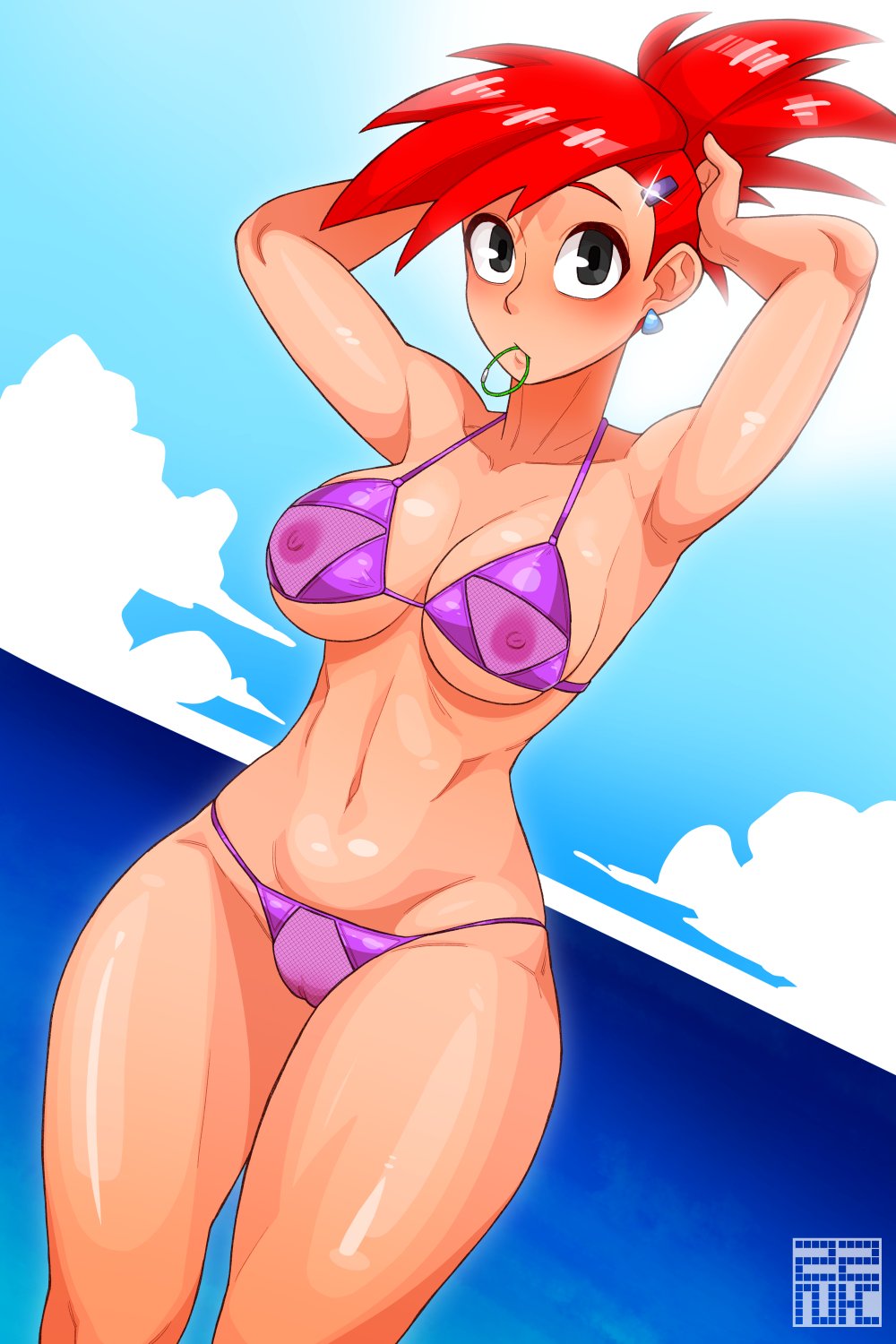 1girls, areolae, bikini, breasts, cartoon network, clothed, clothing, female, female only, foster's home for imaginary friends, frankie foster, human, light skin, mostly nude, nipples, pale skin, see-through, solo, standing, zznakuu