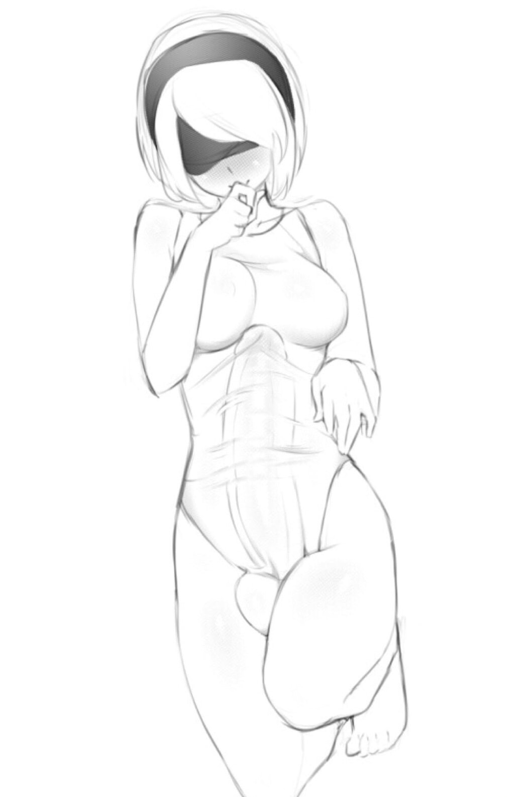 1futa, balls, blindfold, blush, breasts, clothed, clothing, erection, erection under clothes, feet, futa only, futanari, headband, huge cock, humanoid, intersex, kneeling, looking at viewer, monochrome, necrosmos, nier, nier (series), nier: automata, one-piece swimsuit, partially clothed, penis, smiling, solo, solo futa, source request, swimsuit, white hair, yorha 2b