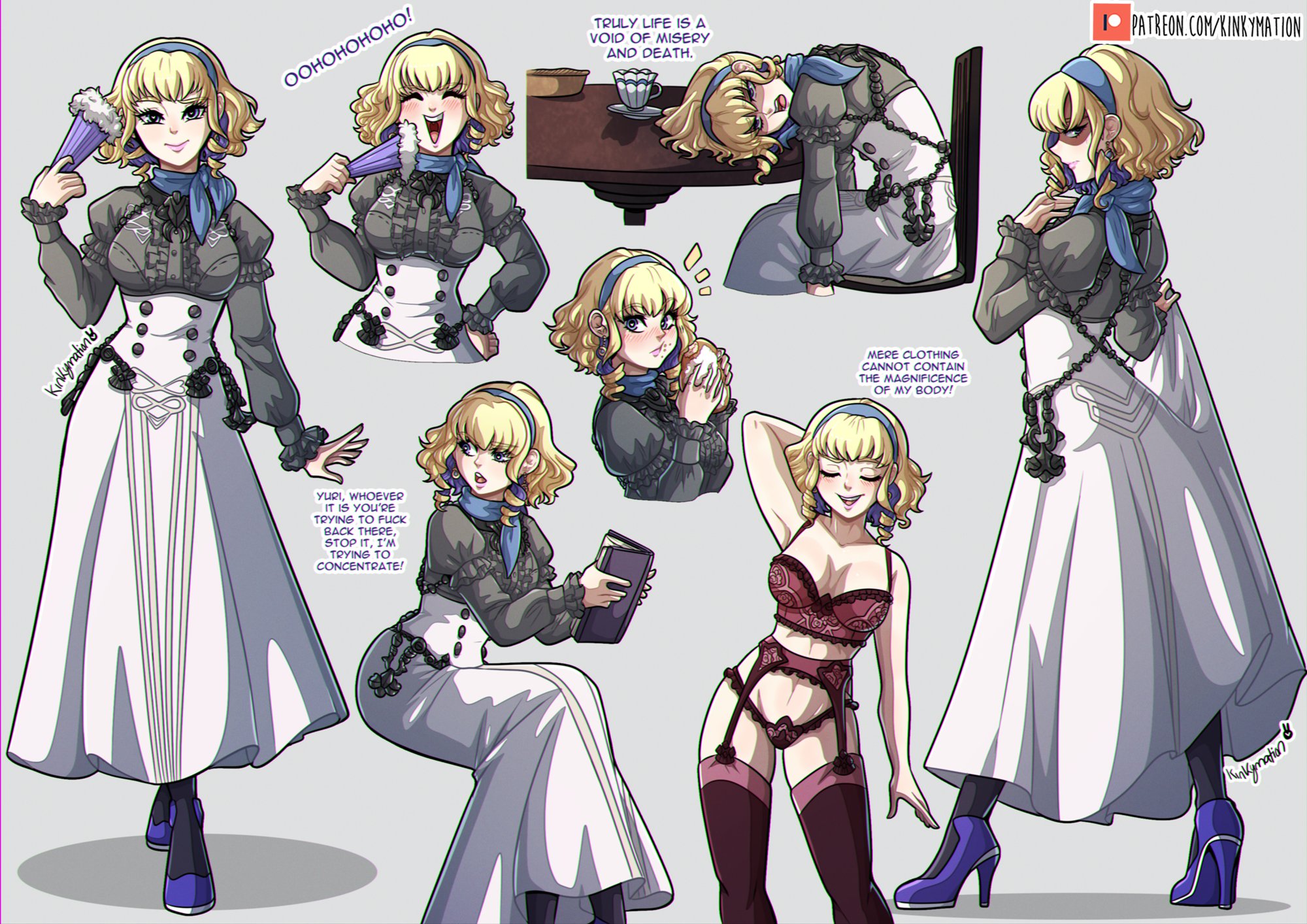 1girls, armpits, blonde hair, blue eyes, blush, book, breasts, cleavage, closed eyes, constance von nuvelle, constance von nuvelle (sunlight), dress, eating, english text, eyes in shadow, female, female only, fire emblem, fire emblem: three houses, food, full body, high heels, highres, kinkymation, laughing, lingerie, lips, looking at viewer, medium breasts, multicolored hair, nintendo, open mouth, reading, red lingerie, reference sheet, short hair, simple background, sitting, smile, solo, text, underwear