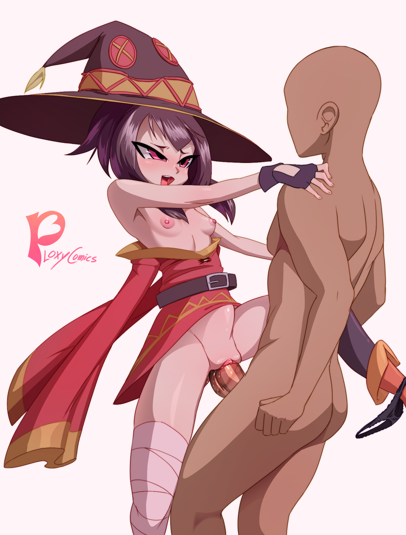 1boy, 1girl, artist name, bandaged leg, bandages, bare shoulders, belt, black gloves, black hair, black headwear, black panties, black thighhighs, blush, boots, breasts, brown hair, clothed female nude male, clothes pull, dark skin, dark-skinned male, dress, dress pull, faceless, faceless male, fingerless gloves, gloves, hat, hetero, kono subarashii sekai ni shukufuku wo!, looking at another, megumin, mrploxy, nipples, nude, open mouth, panties, panties around one leg, penis, pussy, pussy juice, red dress, red eyes, sex, short hair, short hair with long locks, simple background, single thighhigh, small breasts, smile, standing, standing sex, stomach bulge, thighhighs, uncensored, underwear, vaginal, veins, veiny penis, white background, witch hat