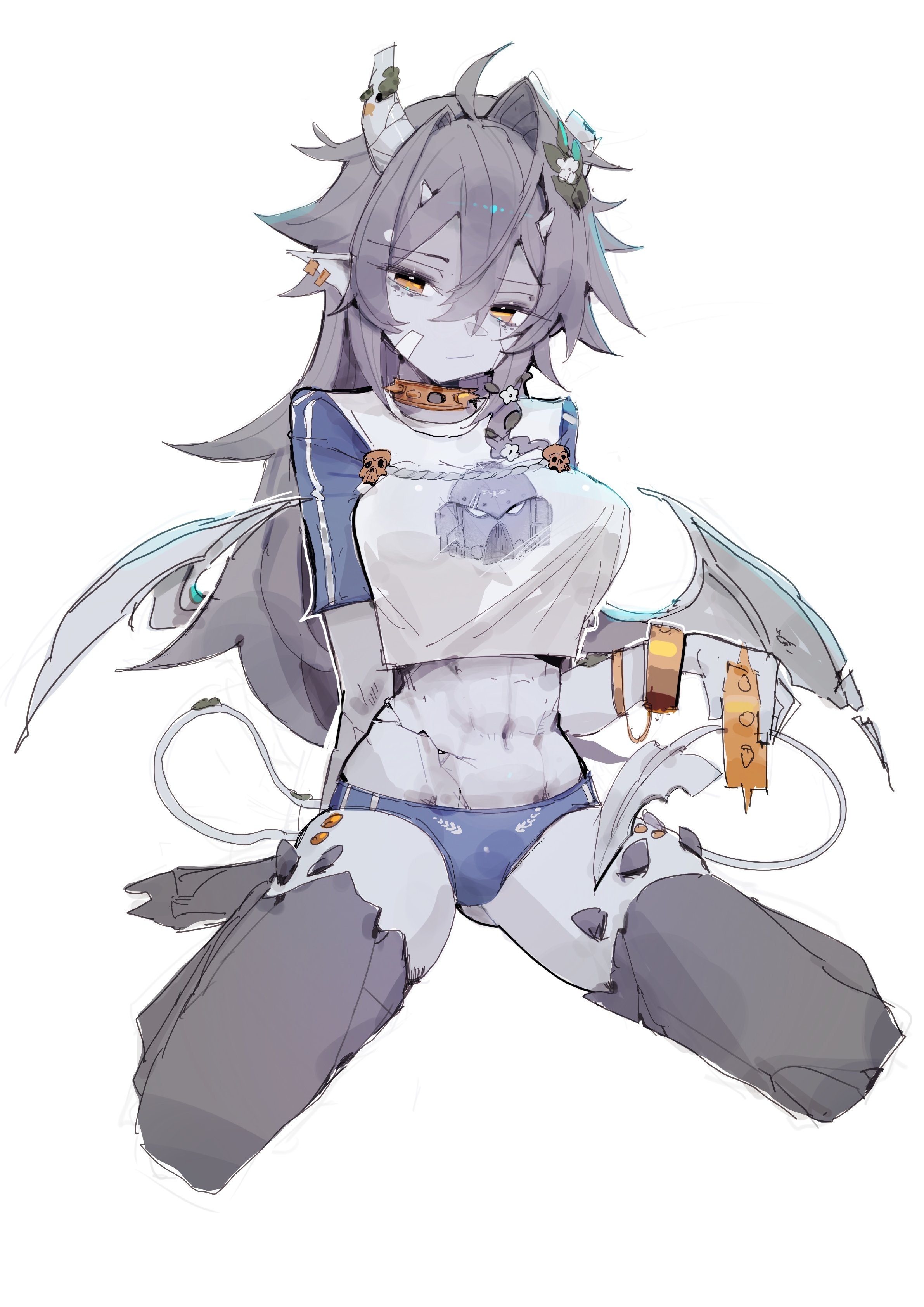 1girl, 1girls, abs, absurdres, ahoge, antennae, blue panties, breasts, broken horn, collar, colored skin, cracked skin, female, gargoyle, gold collar, grey hair, grey horns, grey skin, grey wings, hair between eyes, hair intakes, highres, horns, indie virtual youtuber, ip chort, jax (vtuber), large breasts, long hair, looking at viewer, monster girl, navel, panties, rock skin, shirt, sitting, solo, spiked collar, spikes, tail, thighs, tits, underwear, virtual youtuber, vtuber, white shirt, wings, yellow eyes
