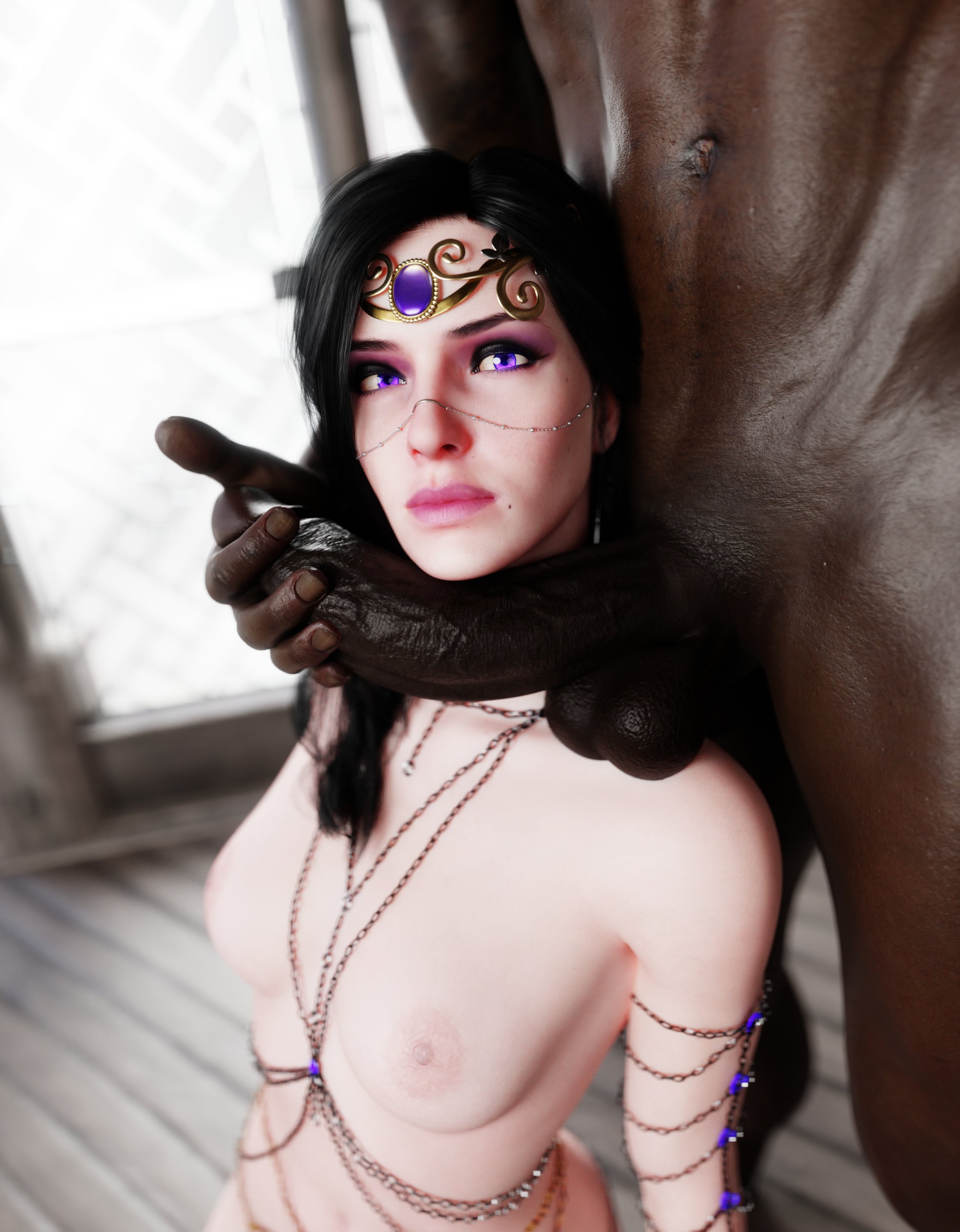1boy, 1girls, 3d, african male, beauty mark, big penis, black hair, cd projekt red, cock, dark skin, dark-skinned male, derpderp, duo, holding penis, huge cock, interracial, jewel on forehead, jewelry, kneeling female, large penis, light skin, light-skinned female, looking at viewer, nipples, nude female, nude male, penis on neck, submissive female, the witcher (series), the witcher 3: wild hunt, veiny penis, violet eyes, yennefer