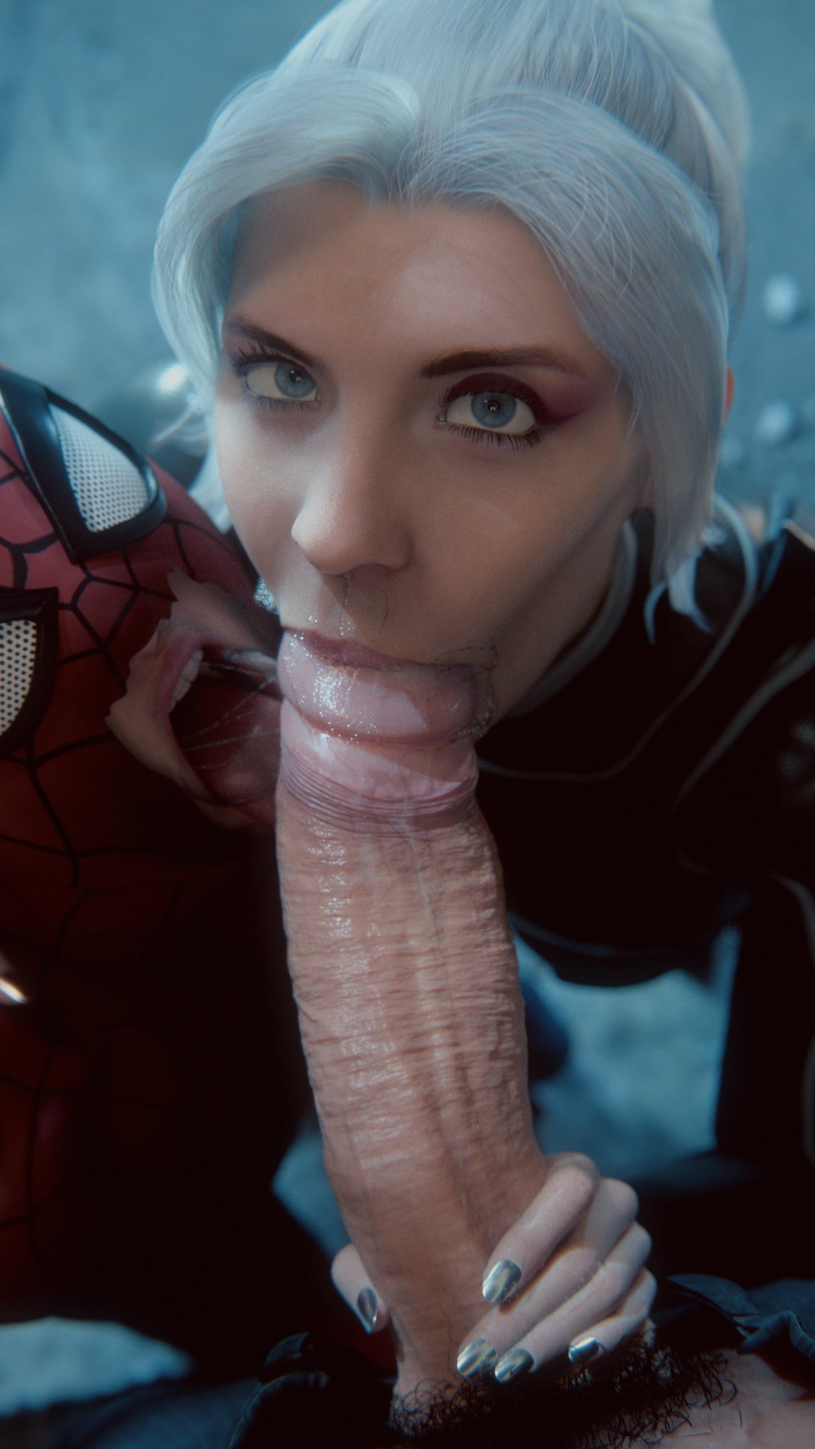 1girls, 2boys, 3d, big penis, bisexual, bisexual fellatio, bisexual male, bisexual threesome, black cat (insomniac), black cat (marvel), blowjob, blue eyes, both sexes in same situation, clothed, clothed female, clothed male, collaborative fellatio, eye contact, felicia hardy, fellatio, female, female supporting yaoi, grabbing penis, hand on penis, huge cock, leeterr, licking penis, light skin, light-skinned female, light-skinned male, long hair, looking at viewer, male, male pov, male/female, male/male, marvel, marvel comics, masked, masked male, mmf threesome, mouth open, oral, oral sex, painted nails, pants open, penis out, peter parker, ponytail, pubic hair, pubic hair in mouth, pubic hair on face, saliva, saliva bubble, saliva on face, saliva on penis, saliva string, saliva trail, silver nail polish, silver nails, skin tight, skin tight suit, spider-man, spider-man (series), sucking penis, white hair