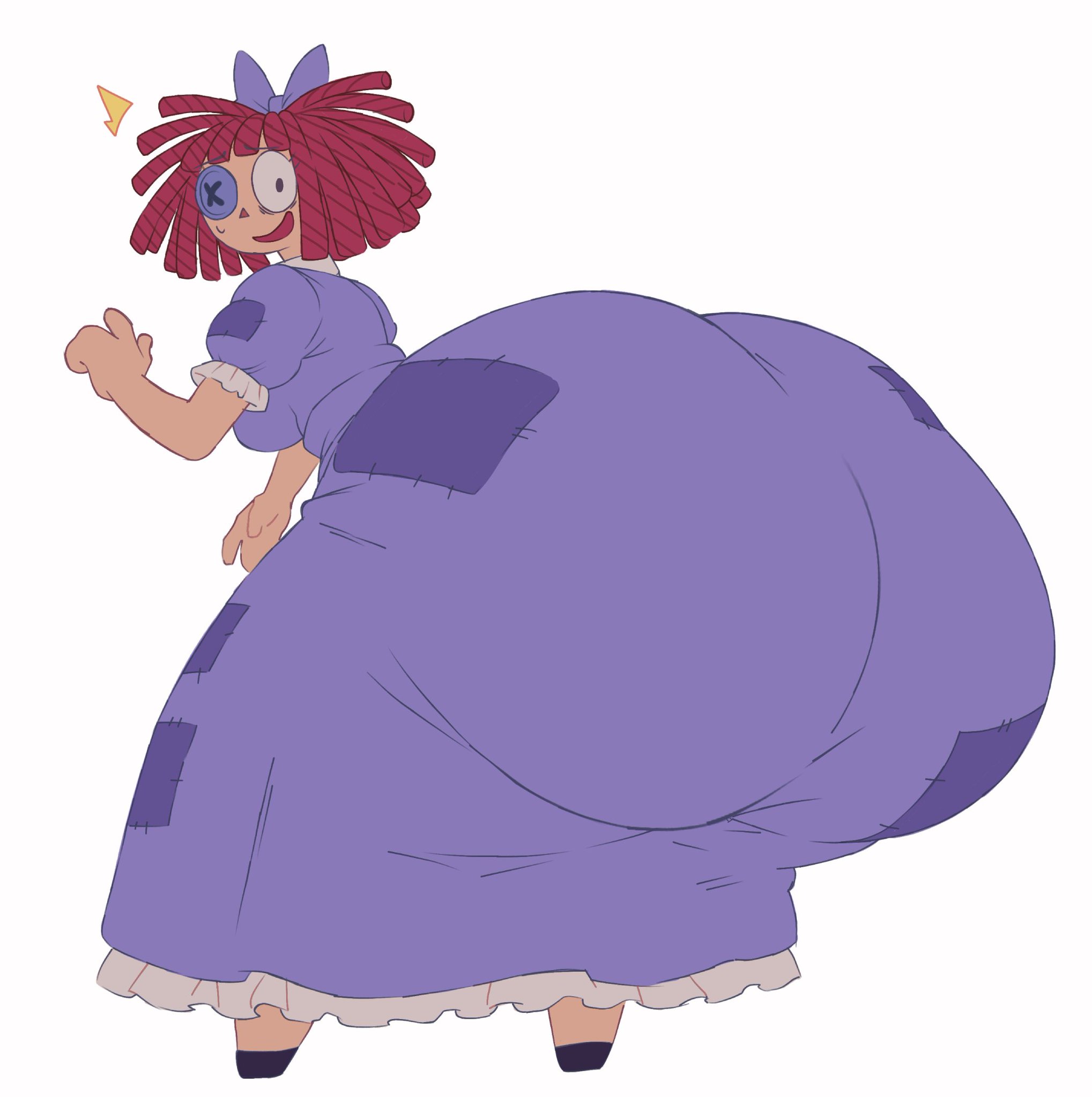 1girls, ass, ass focus, big ass, bottom heavy, bowtie on head, breasts, button, button eye, caked up, cyanu, doll, female only, glitch productions, gooseworx, highres, hyper ass, large ass, light-skinned female, looking back at viewer, nervous female, nervous smile, one eye, patchwork, purple dress, ragatha (the amazing digital circus), red hair, solo, surprised, sweat, the amazing digital circus