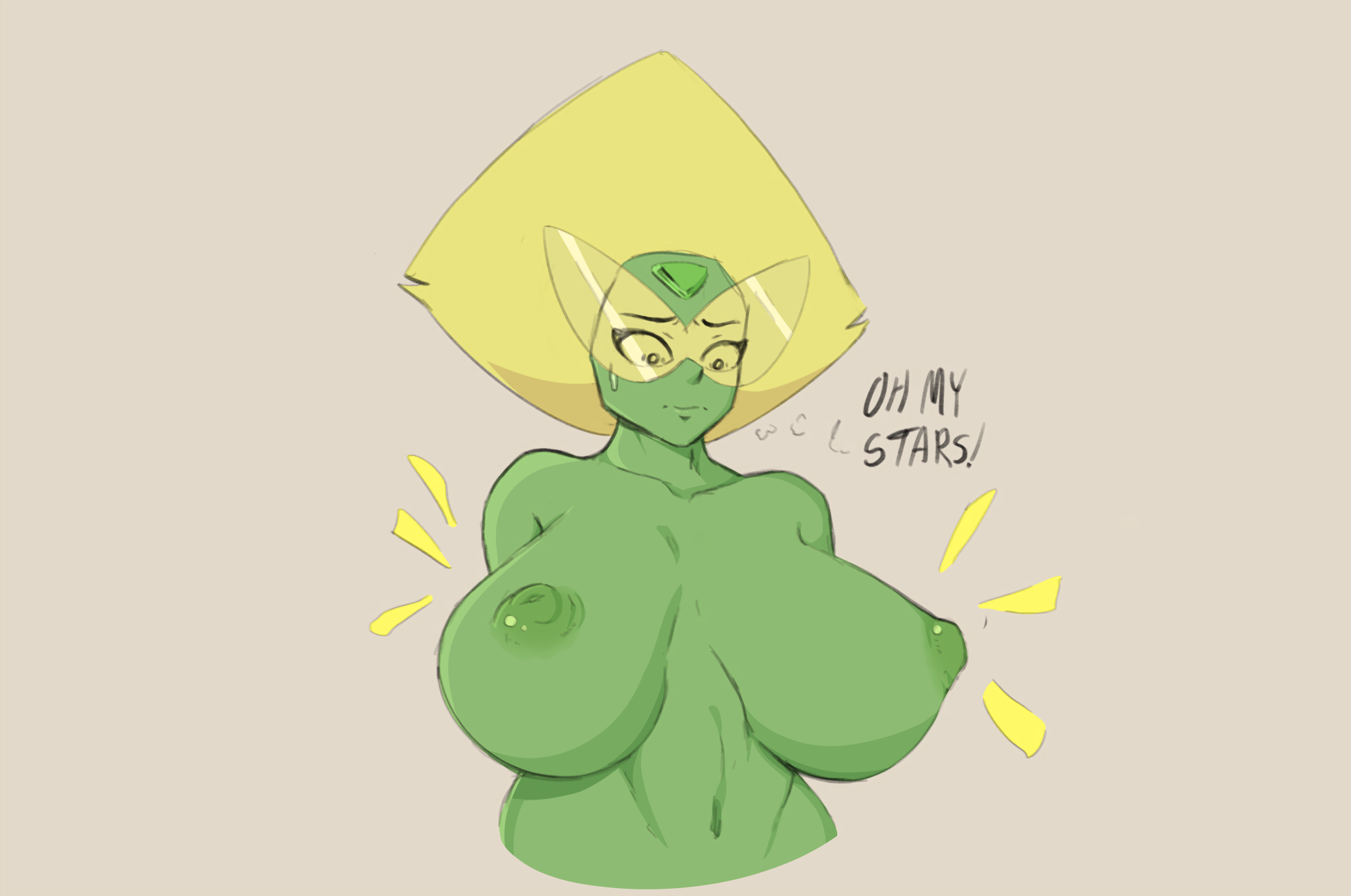 breasts, color edit, colored, concerned, ddl, female, green skin, huge breasts, peridot (steven universe), simple background, steven universe, tagme, ttothep arts