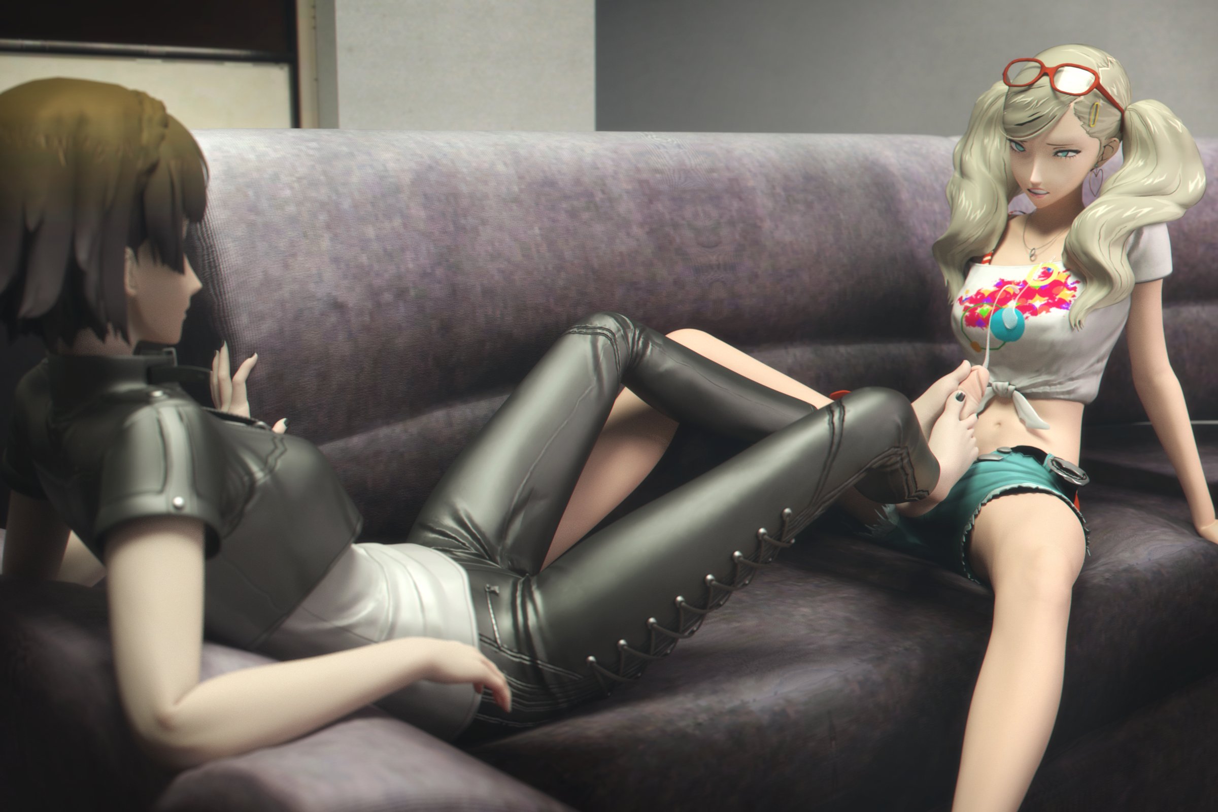 1futa, 2girls, ann takamaki, barefoot, black toenails, blonde hair, blue eyes, brown hair, clothed, cum, dawadd, ejaculation, feet, female on futa, femdom, foot fetish, footjob, futa on female, futanari, futasub, light-skinned female, light-skinned futanari, looking pleasured, makoto niijima, painted toenails, persona, persona 5, toejob