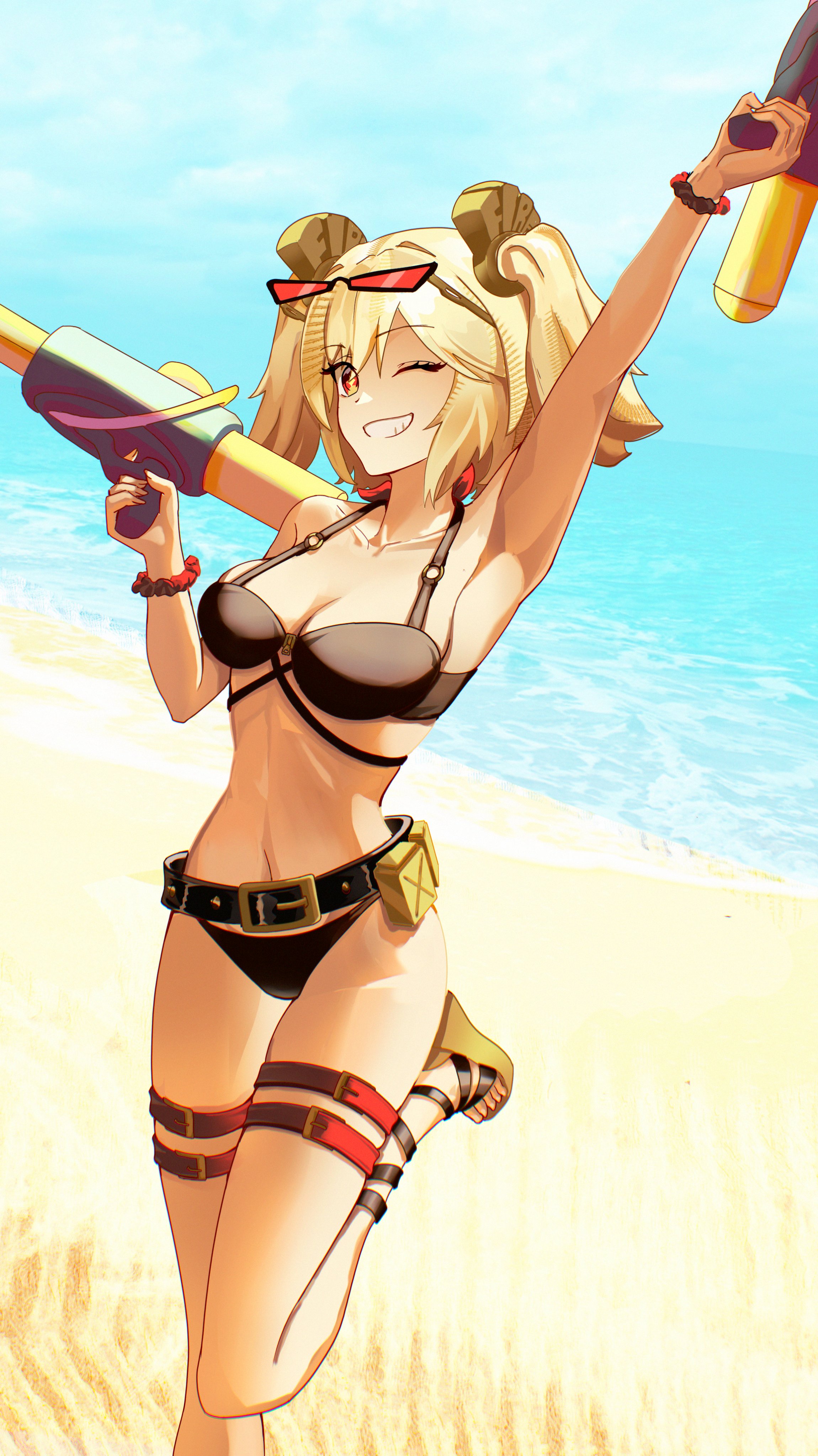 1girls, bikini, black bikini, black swimsuit, blonde, blonde female, blonde hair, breasts, brown eyes, burnice white, female, long hair, sunglasses, sunglasses on head, swimsuit, zenless zone zero
