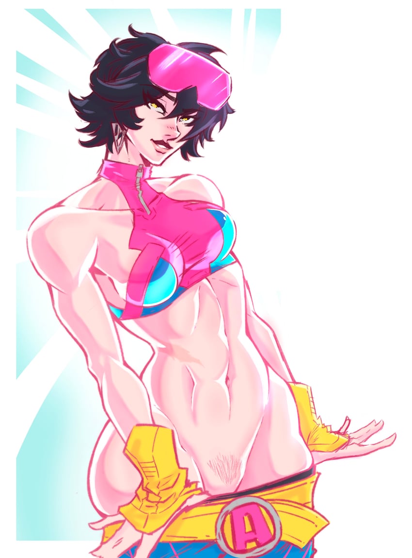 1girls, 2026, 2d, 2d (artwork), 2d artwork, abdomen, abs, alternate costume, asian female, athletic, athletic female, black hair, blue pants, clothes pull, curvy hips, eyewear, eyewear on head, female torso, fingerless gloves, gloves, jesvillaart, jubilation lee, jubilee, jubilee (marvel rivals), light skin, light-skinned female, looking at viewer, marvel, marvel rivals, medium breasts, mutant (marvel), pants, pants pull, pink eyewear, pubic hair, short hair, simple background, sleeveless, sleeveless shirt, smile, solo, solo female, tinted eyewear, tomboy, toned, toned stomach, two-tone clothing, two-tone shirt, undressing, video games, x-men, yellow eyes, yellow gloves